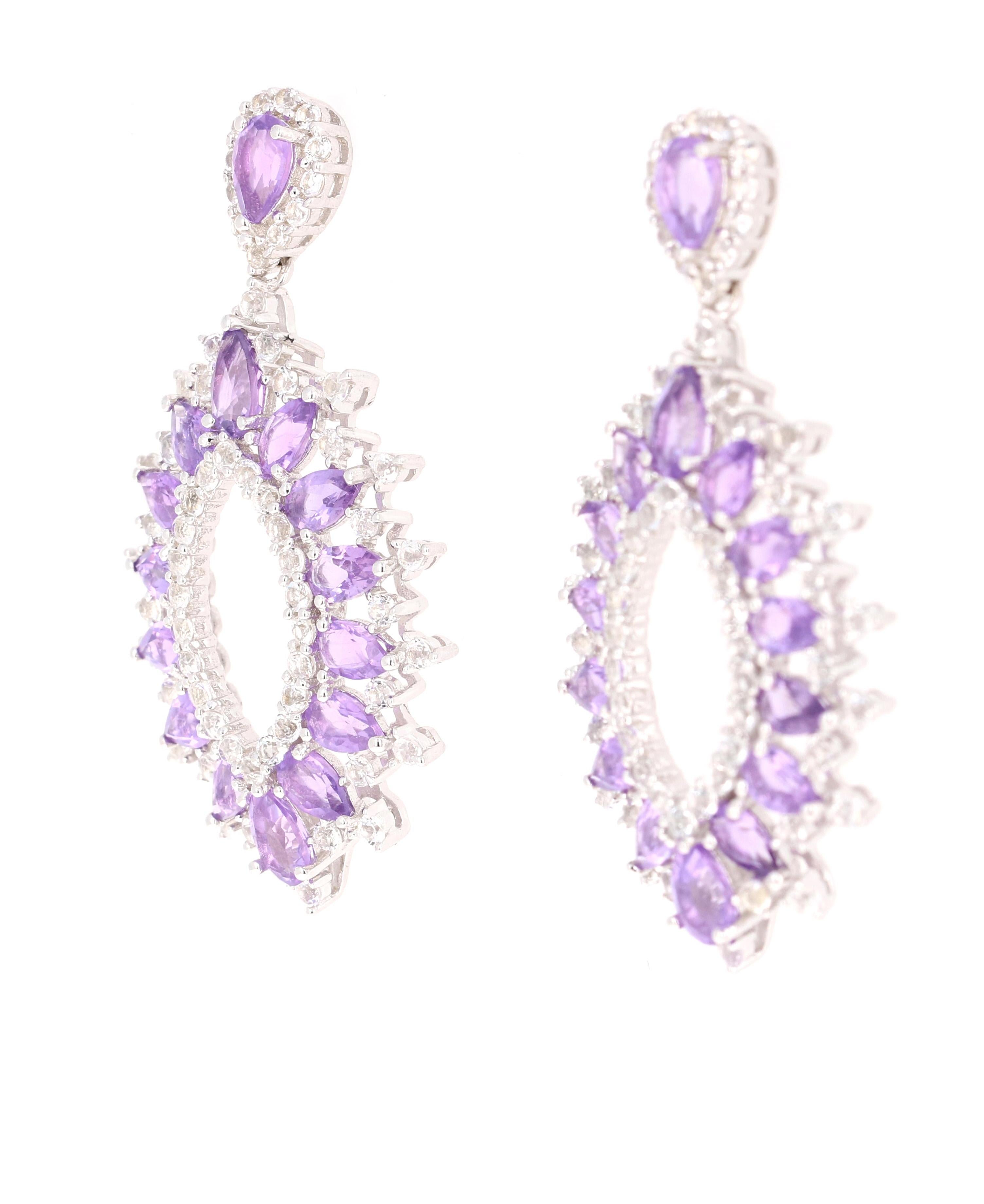 Modern 6.29 Carat Amethyst White Topaz Silver Earrings For Sale