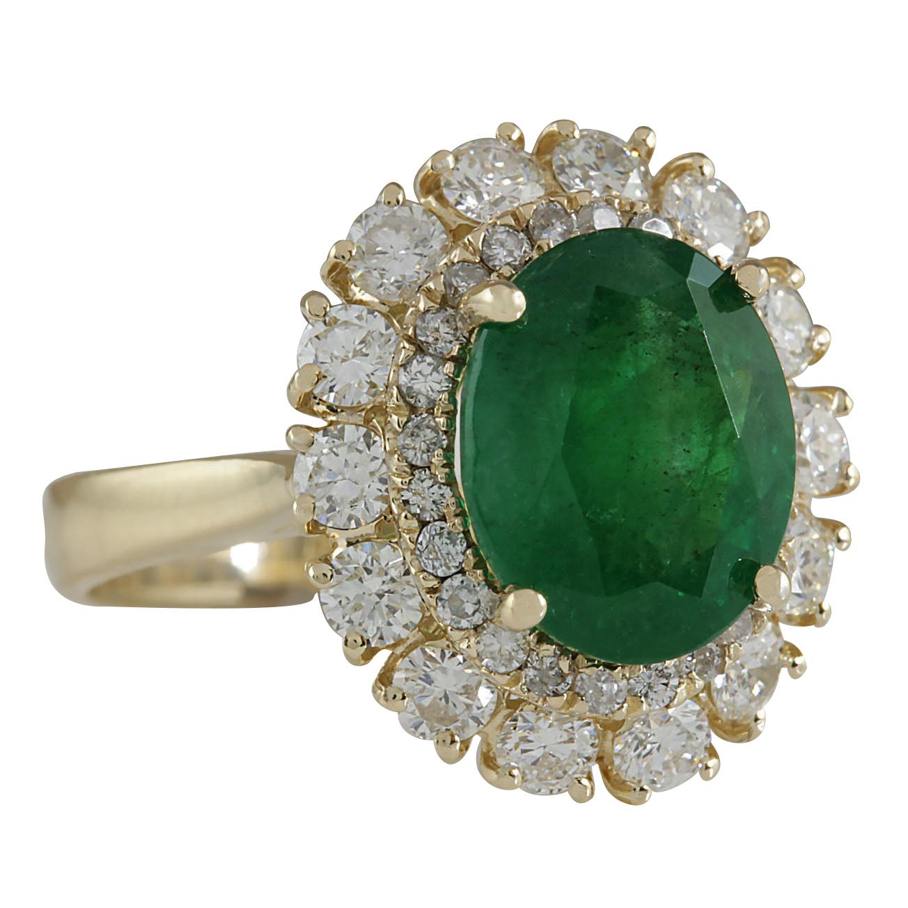 6.29 Carat Emerald 14 Karat Yellow Gold Diamond Ring
Stamped: 14K Yellow Gold
Total Ring Weight: 5.5 Grams
Total  Emerald Weight is 4.88 Carat (Measures: 11.00x9.00 mm)
Color: Green
Total  Diamond Weight is 1.41 Carat
Color: F-G, Clarity: