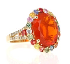 6.29 Carat Fire Opal Sapphire Diamond 14 Karat Yellow Gold Cocktail Ring