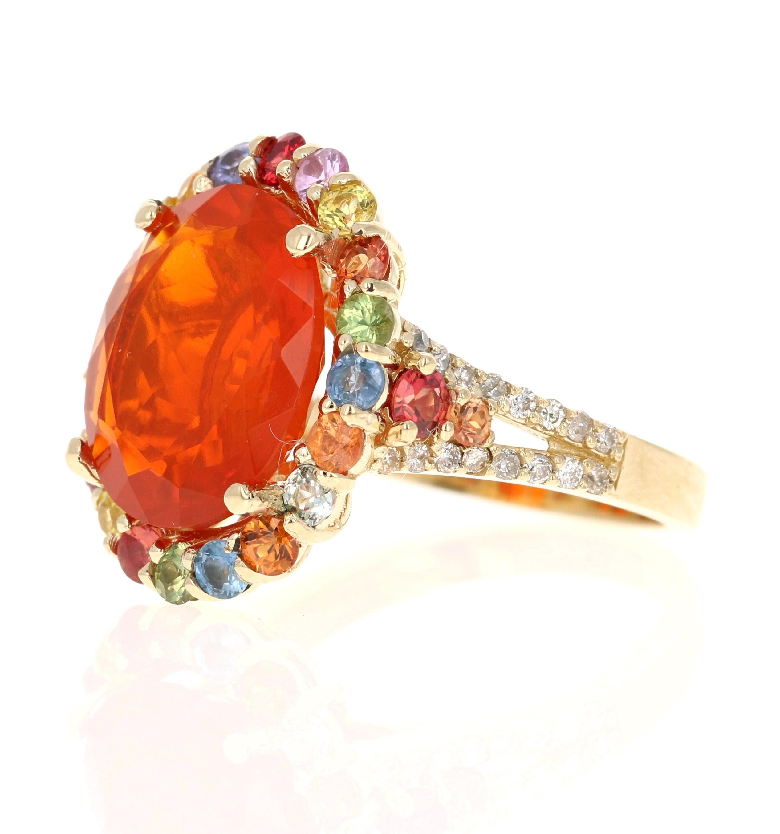 Contemporary 6.29 Carat Fire Opal Sapphire Diamond 14 Karat Yellow Gold Cocktail Ring For Sale
