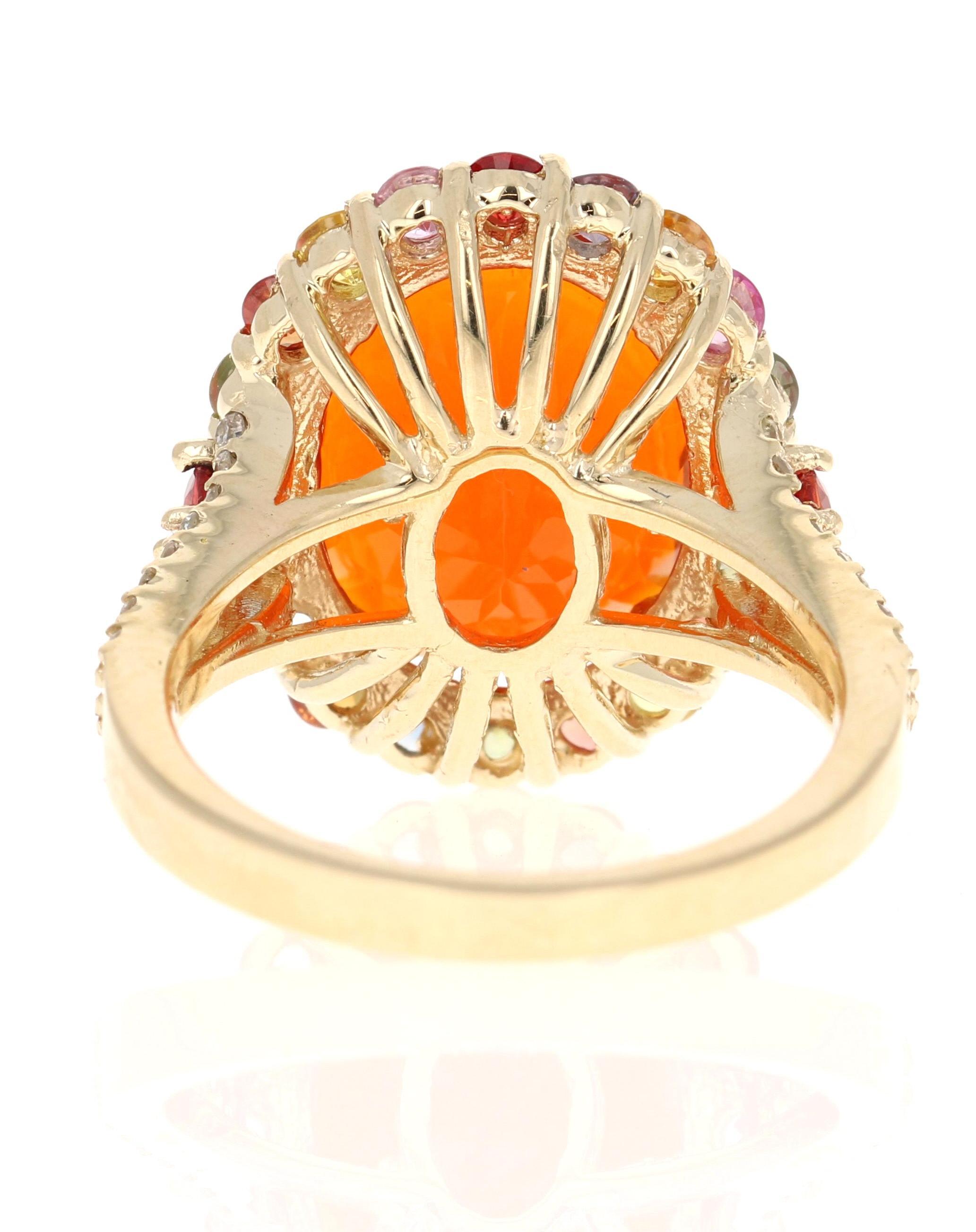Oval Cut 6.29 Carat Fire Opal Sapphire Diamond 14 Karat Yellow Gold Cocktail Ring For Sale