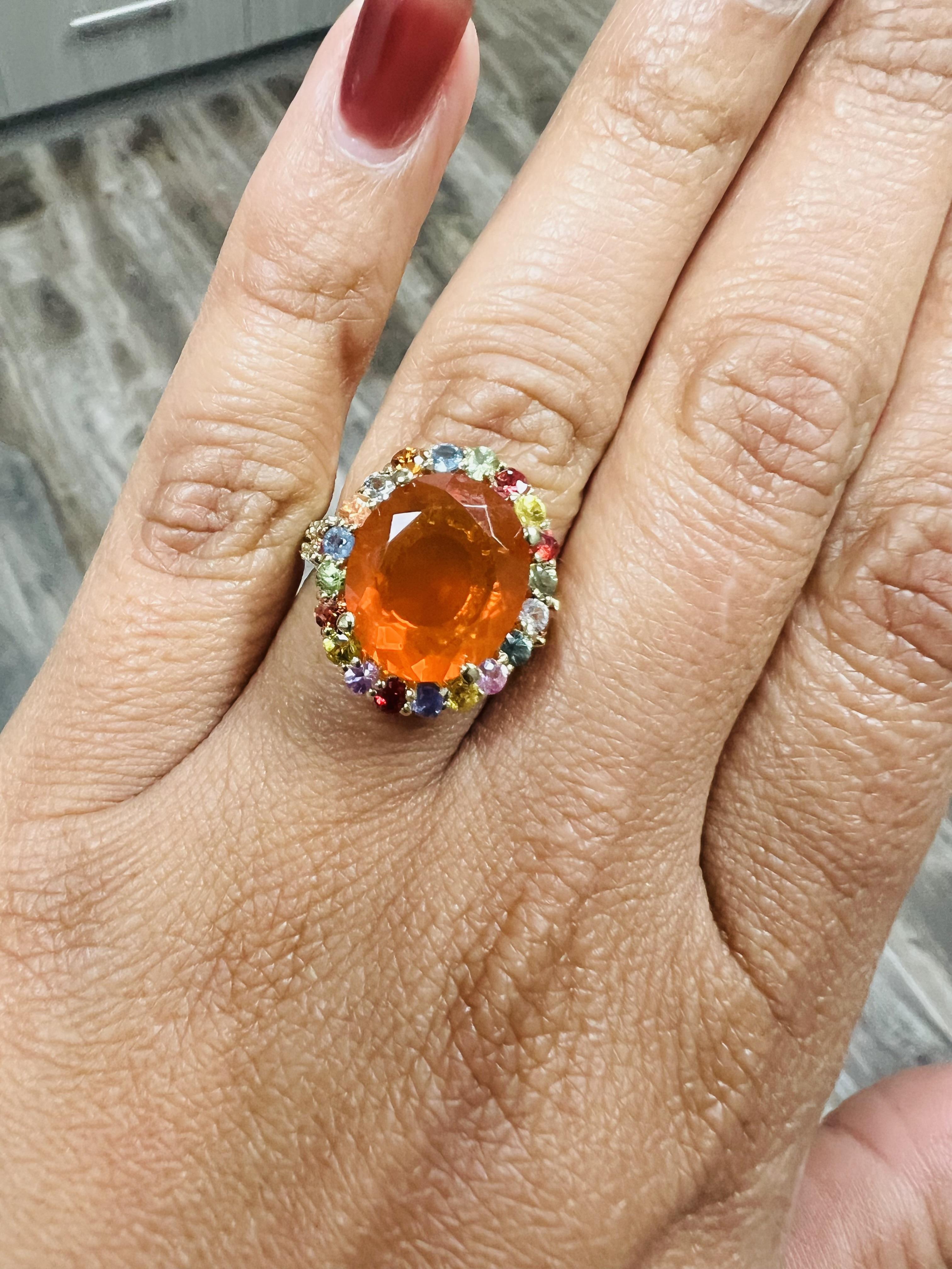 6.29 Carat Fire Opal Sapphire Diamond 14 Karat Yellow Gold Cocktail Ring In New Condition For Sale In Los Angeles, CA