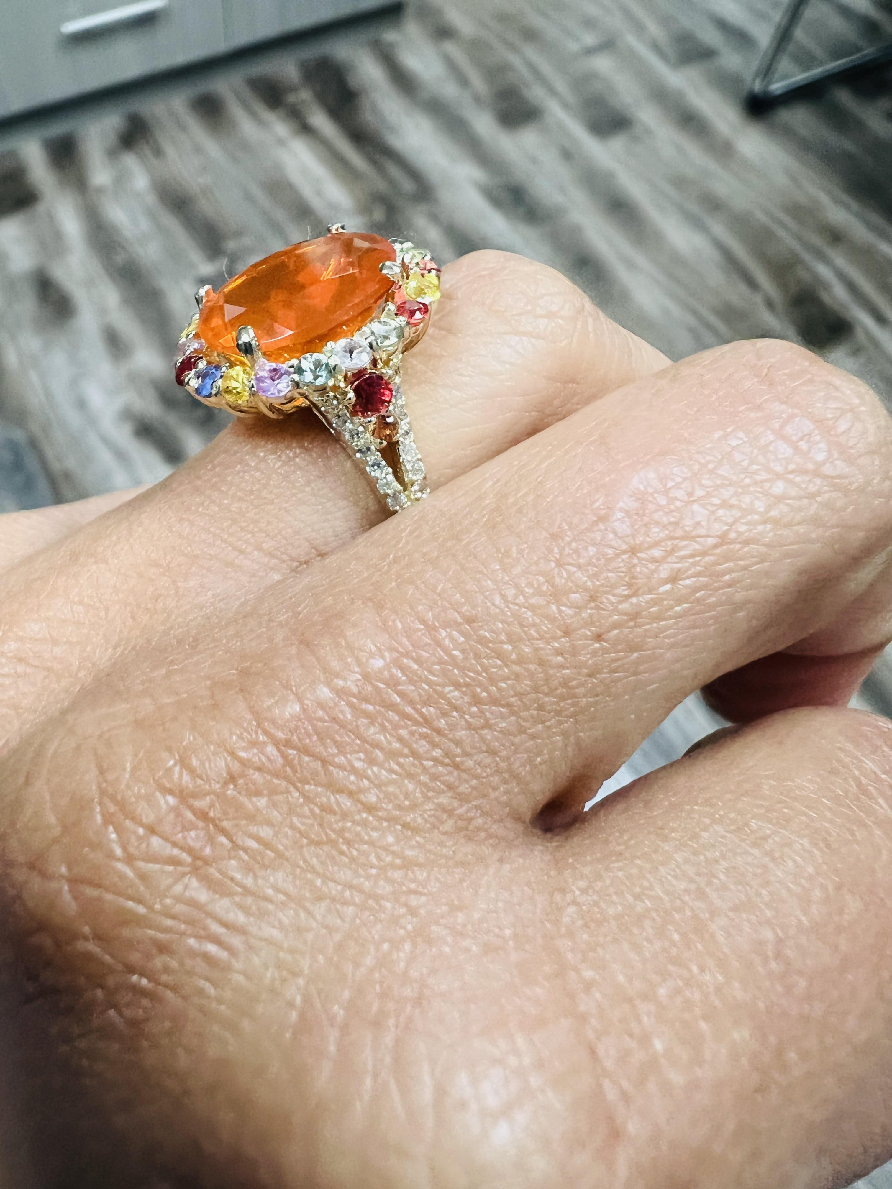 Women's 6.29 Carat Fire Opal Sapphire Diamond 14 Karat Yellow Gold Cocktail Ring For Sale