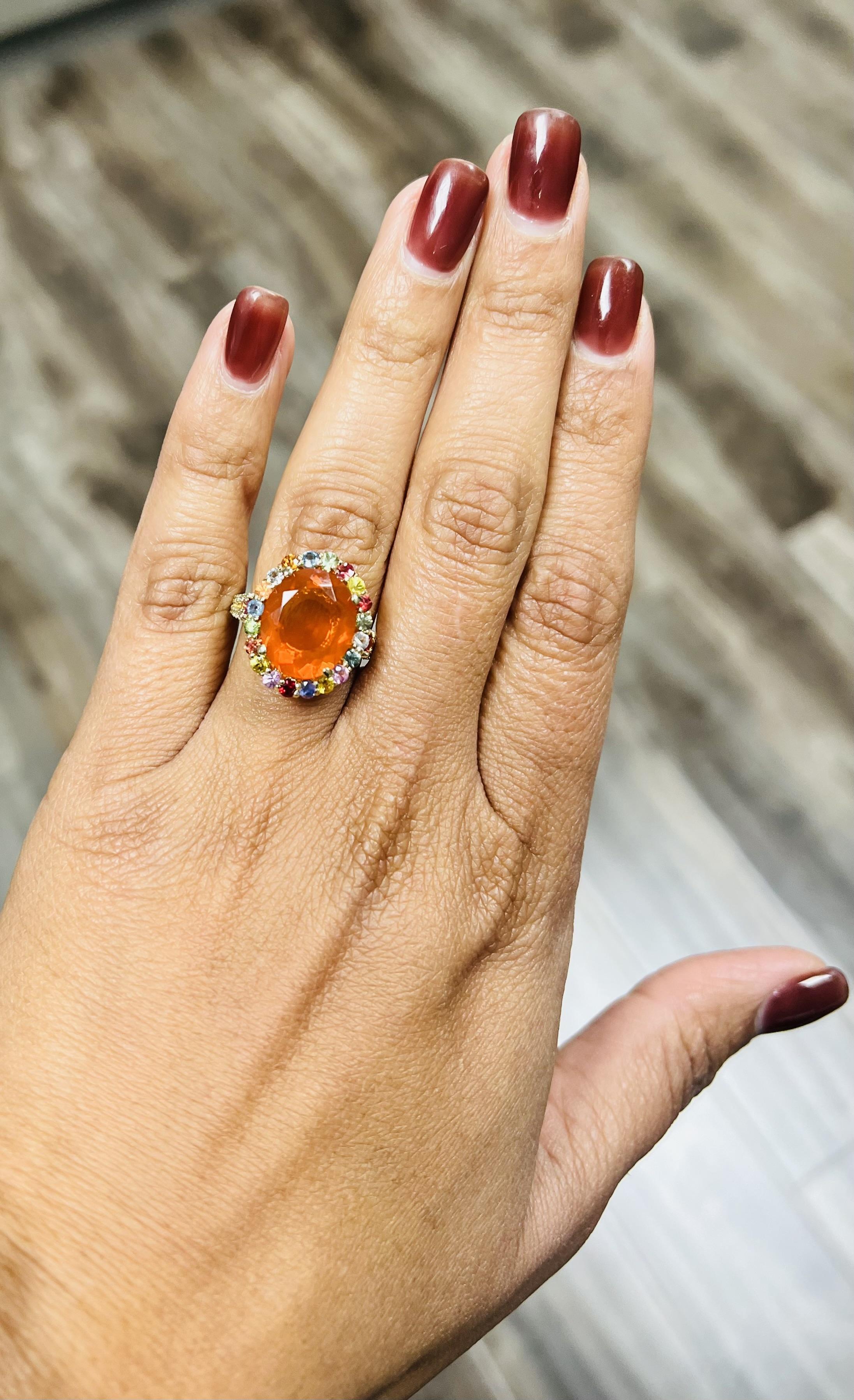 6.29 Carat Fire Opal Sapphire Diamond 14 Karat Yellow Gold Cocktail Ring For Sale 1