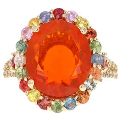 Bague cocktail en or jaune 14 carats avec opale de feu, saphirs et diamants de 6,29 carats