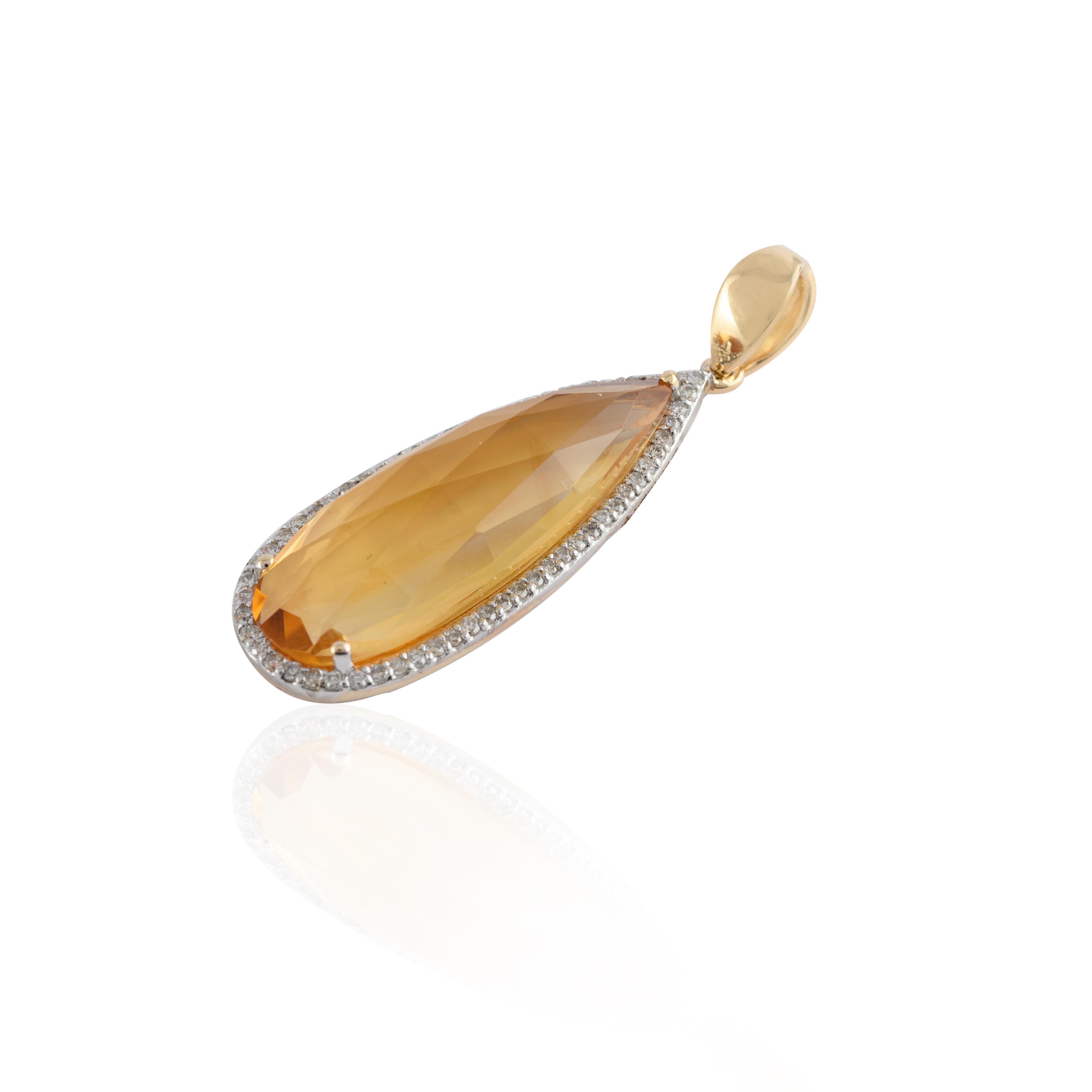 Modern Elongated Pear Citrine Halo Diamond Pendant 14k Yellow Gold, Thanksgiving Gift For Sale