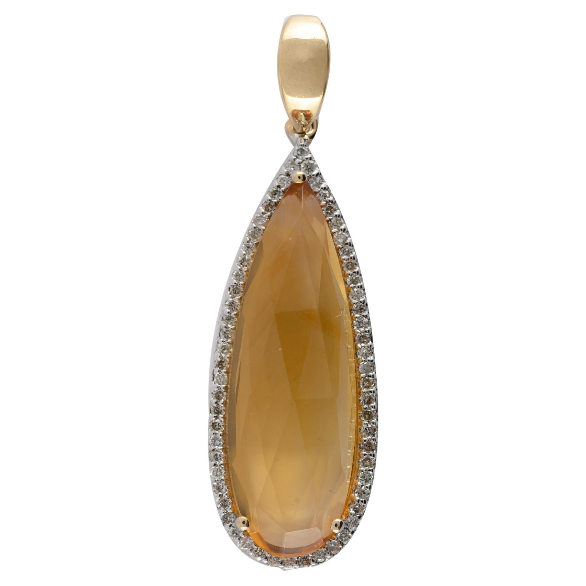 Elongated Pear Citrine Halo Diamond Pendant 14k Yellow Gold, Thanksgiving Gift For Sale
