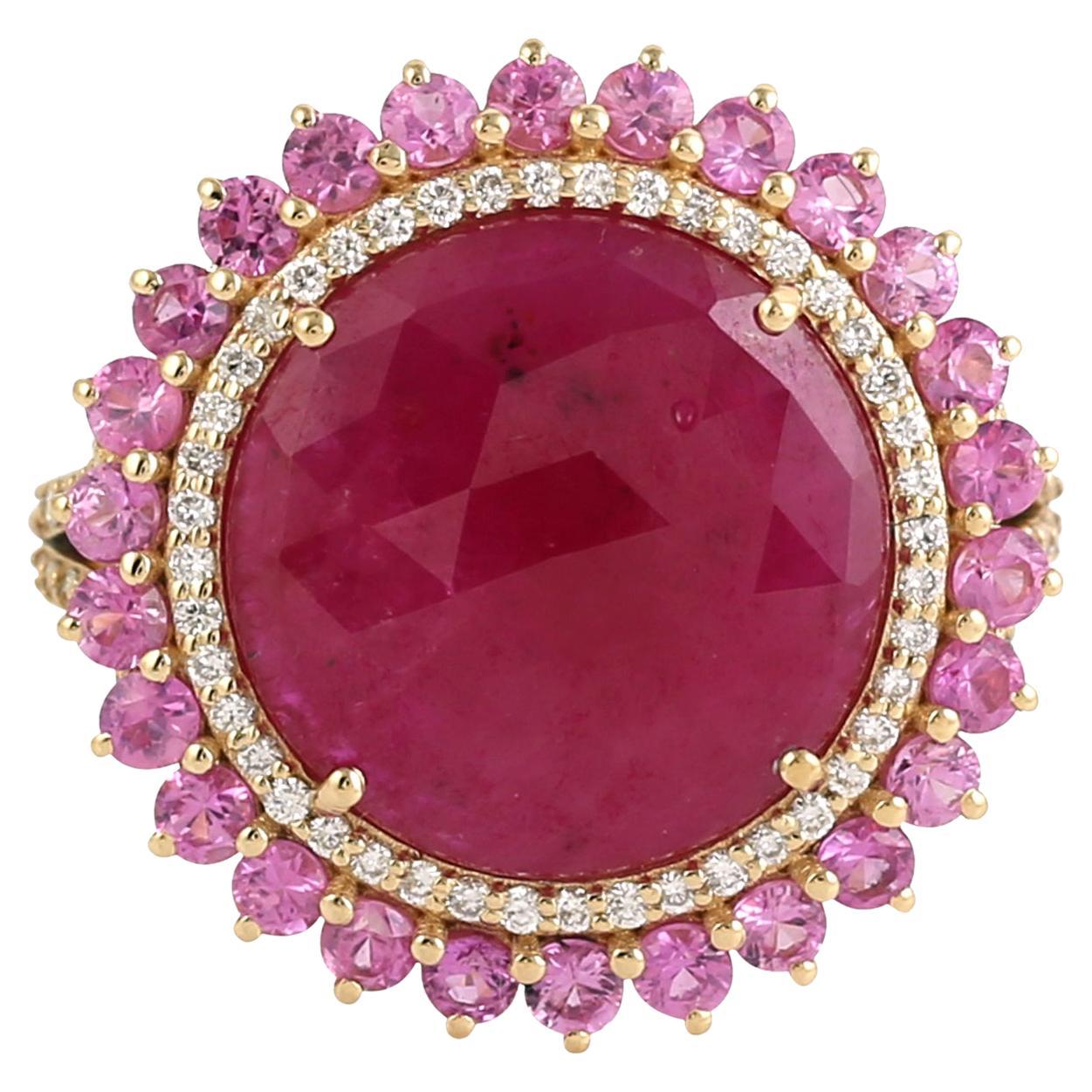 6.29 ct Mozambique Ruby Ring With Pink Sapphire & Diamonds In 18k Yellow Gold