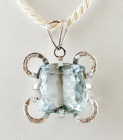 6.2 Carat Blue Topaz, Diamonds, 18 Karat White Gold Pendant