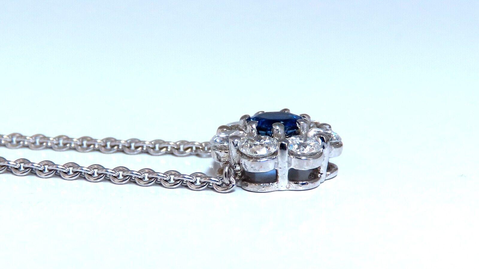 Round Cut .62ct Natural Blue Sapphire Cluster Diamond Necklace 14kt For Sale