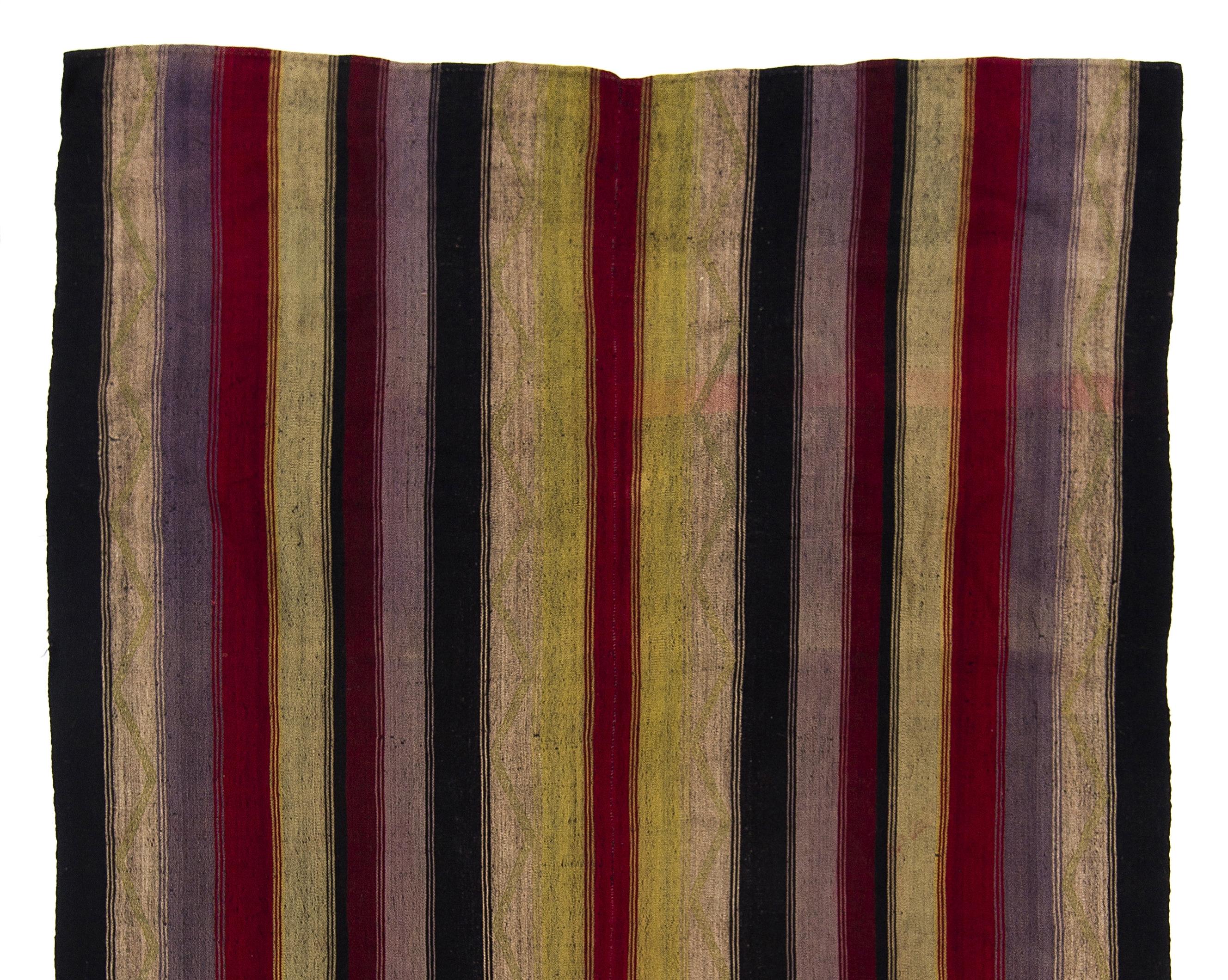 Turkish 6.2x10 Ft Vintage Striped Colorful Kilim, Hand-Woven Wool Carpet. Flat-weave Rug For Sale