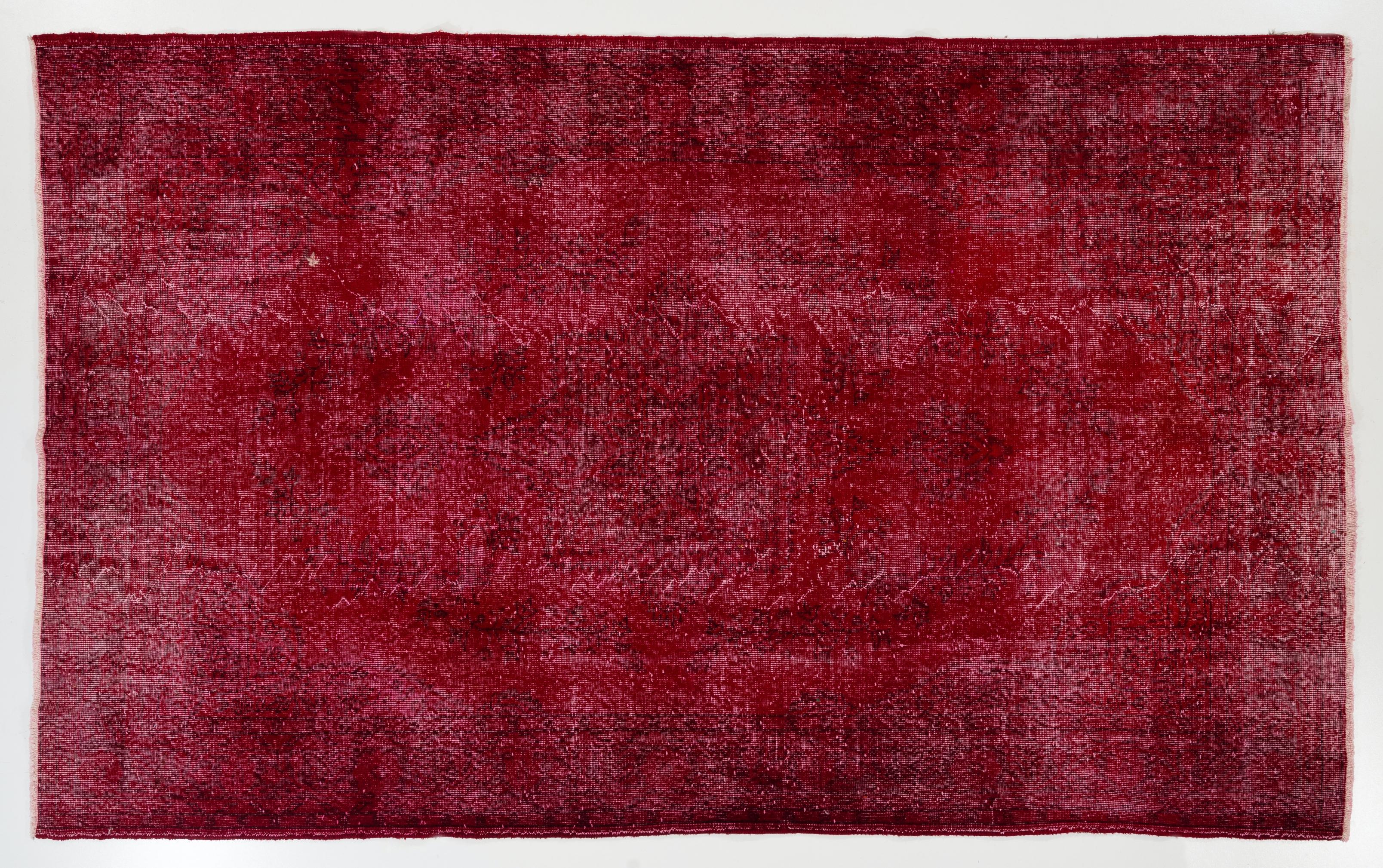 6.2x10 Ft Vintage Handmade Turkish Rug Re-Dyed in Red Color for Modern Interiors For Sale 1