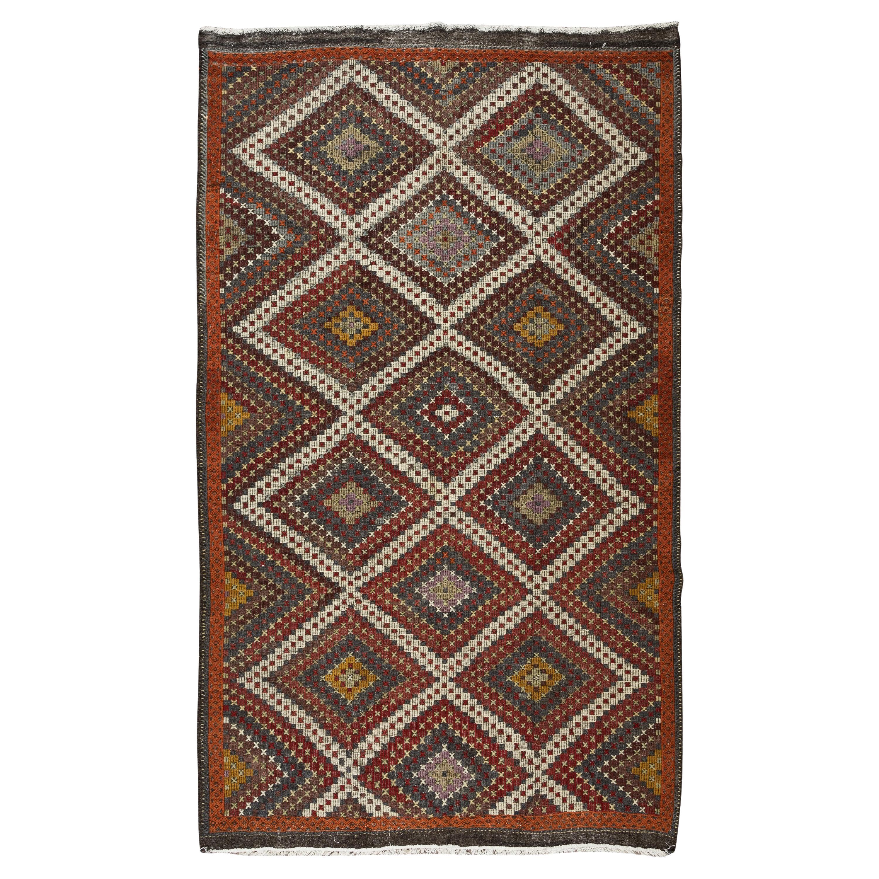 Vintage Turkish Jajim Kilim, One of a Kind Hand-Woven Rug Made of Wool For Sale