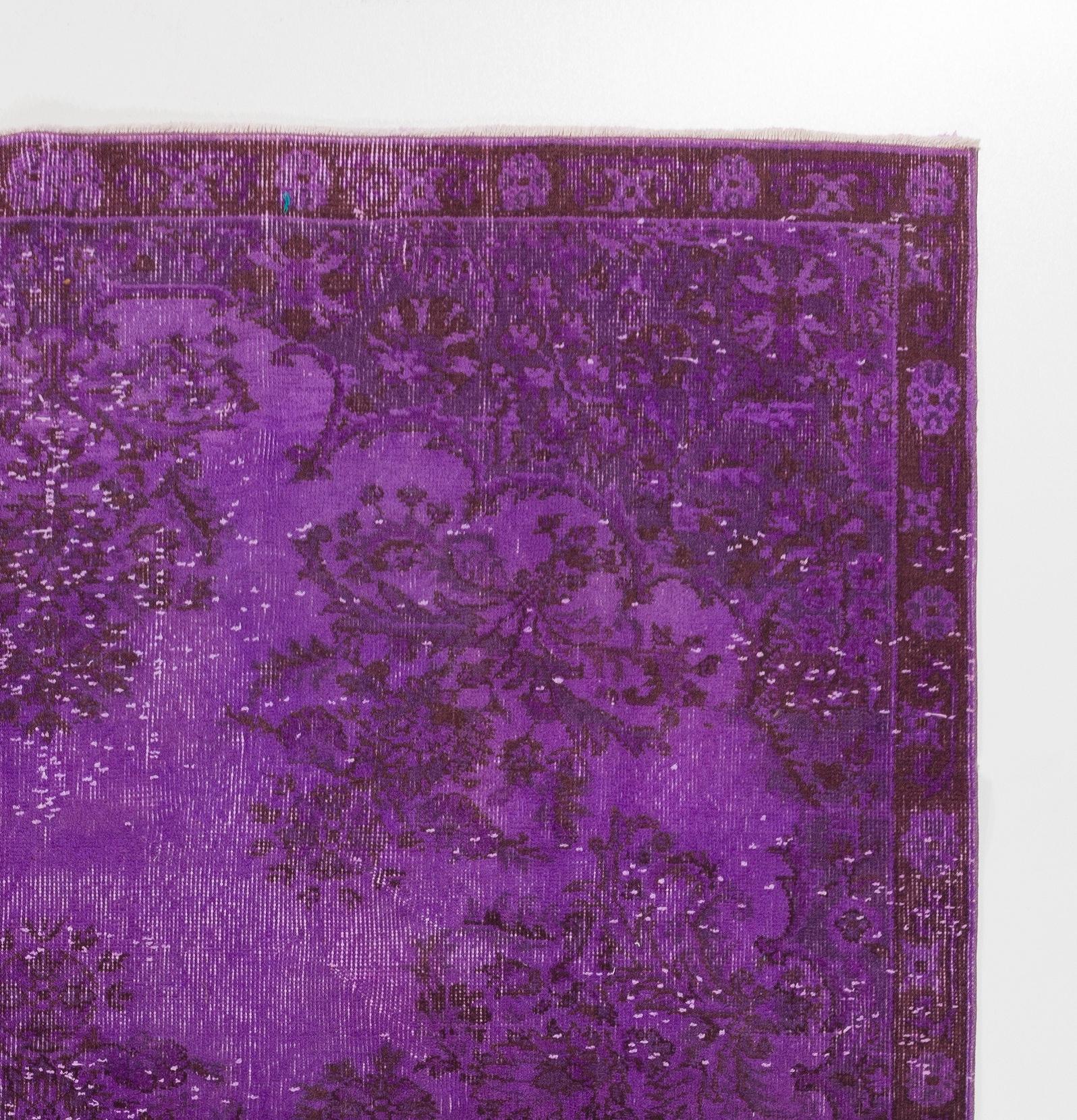 Modern 6.2x10.2 Ft Handmade Turkish Rug in Purple. Floral Garden Design Wool Carpet For Sale