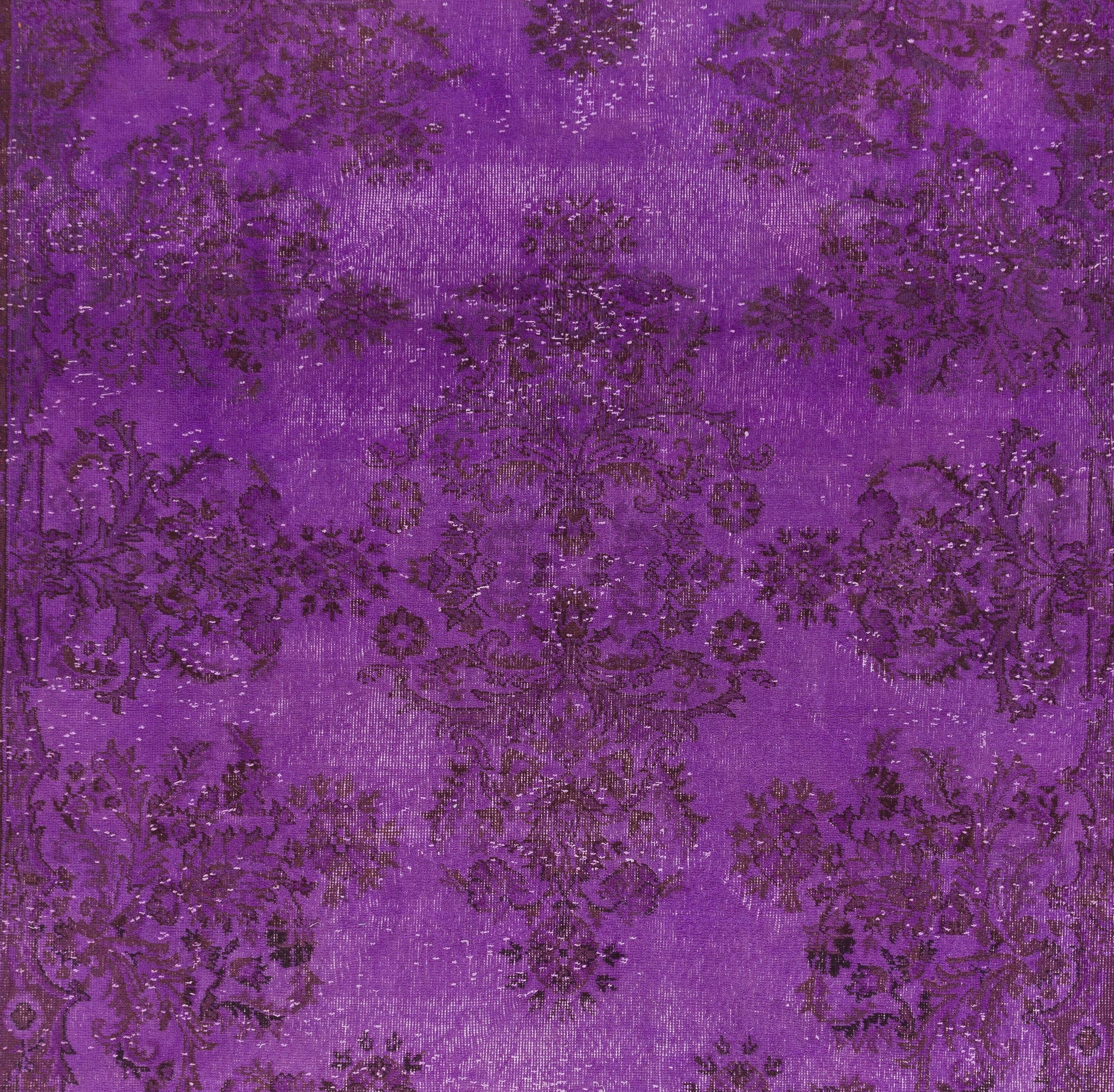 Mid-20th Century 6.2x10.2 Ft Handmade Turkish Rug in Purple. Floral Garden Design Wool Carpet For Sale