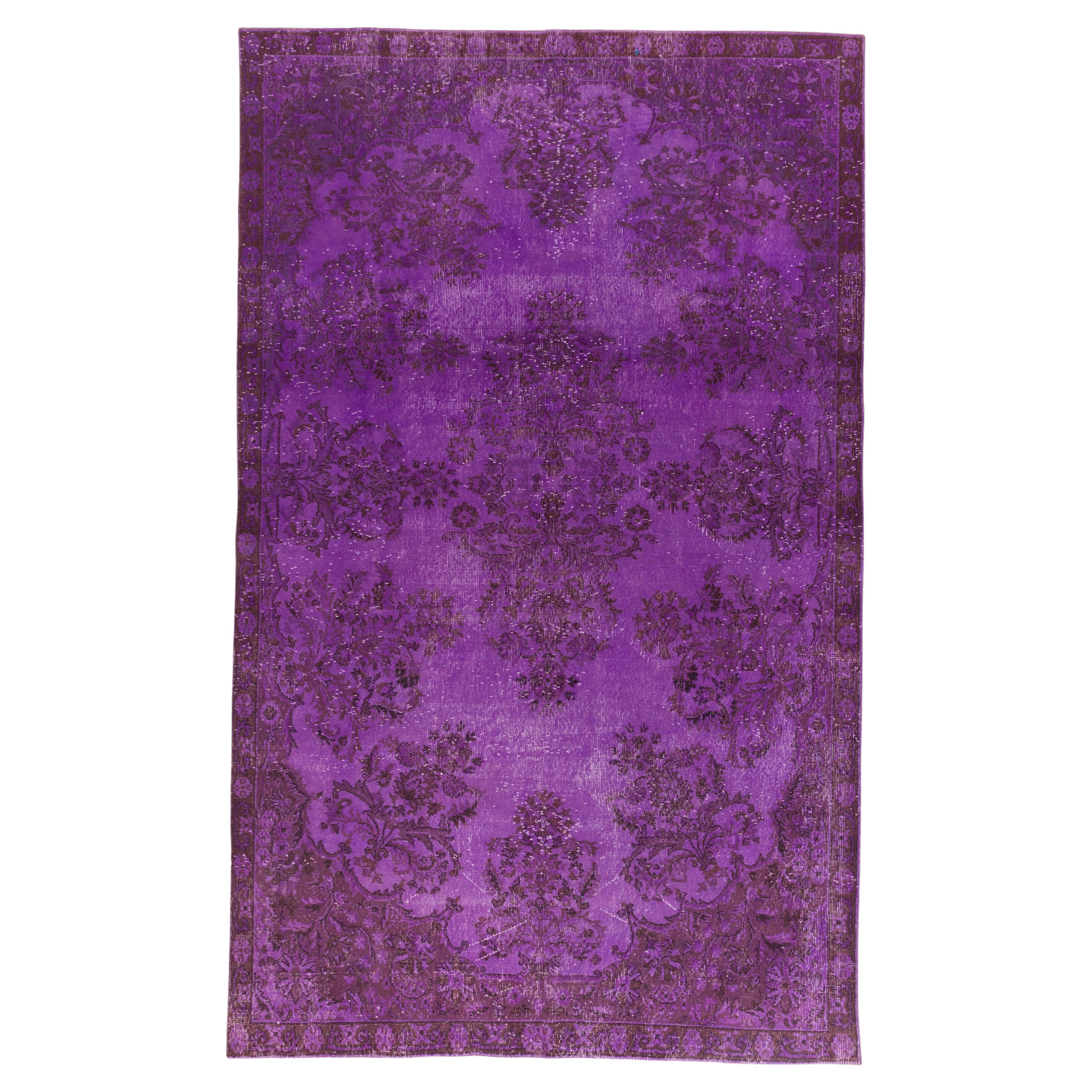 6.2x10.2 Ft Handmade Turkish Rug in Purple. Floral Garden Design Wool Carpet For Sale