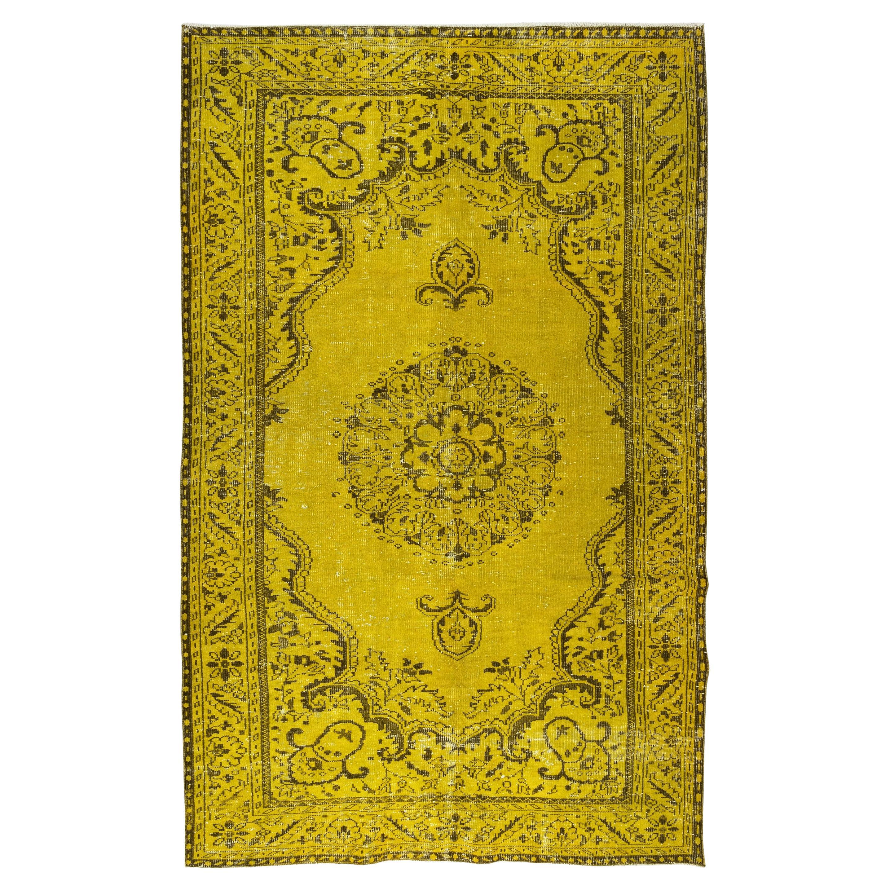 6.2x10.3 Ft Modern Yellow Area Rug. Handmade Turkish Vintage Wool Carpet