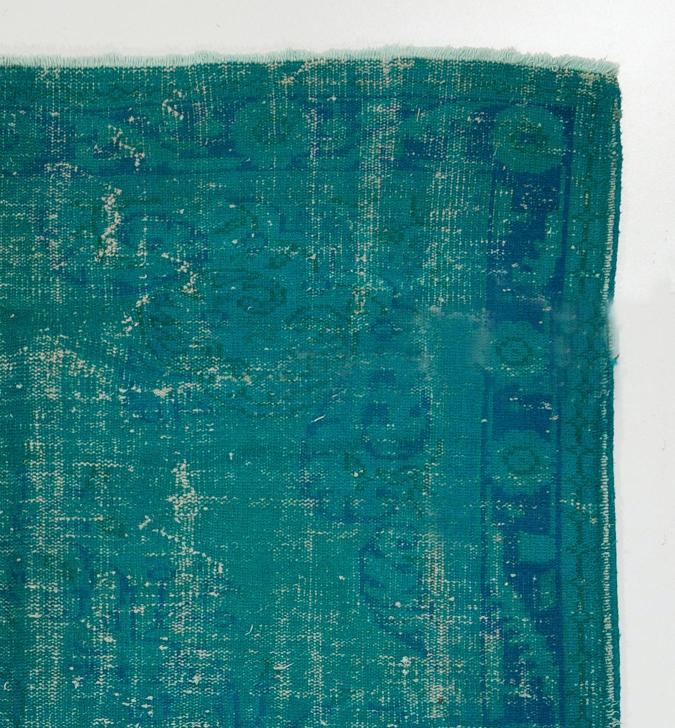 Hand-Woven 6.2x10.4 Ft Vintage Handmade Turkish Rug Over-dyed in Teal for Modern Interiors