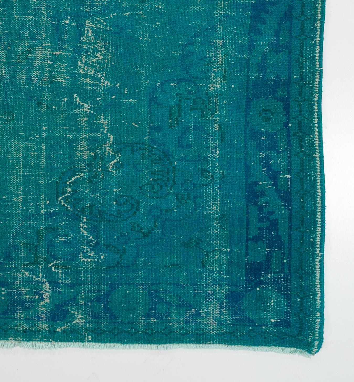 Wool 6.2x10.4 Ft Vintage Handmade Turkish Rug Over-dyed in Teal for Modern Interiors