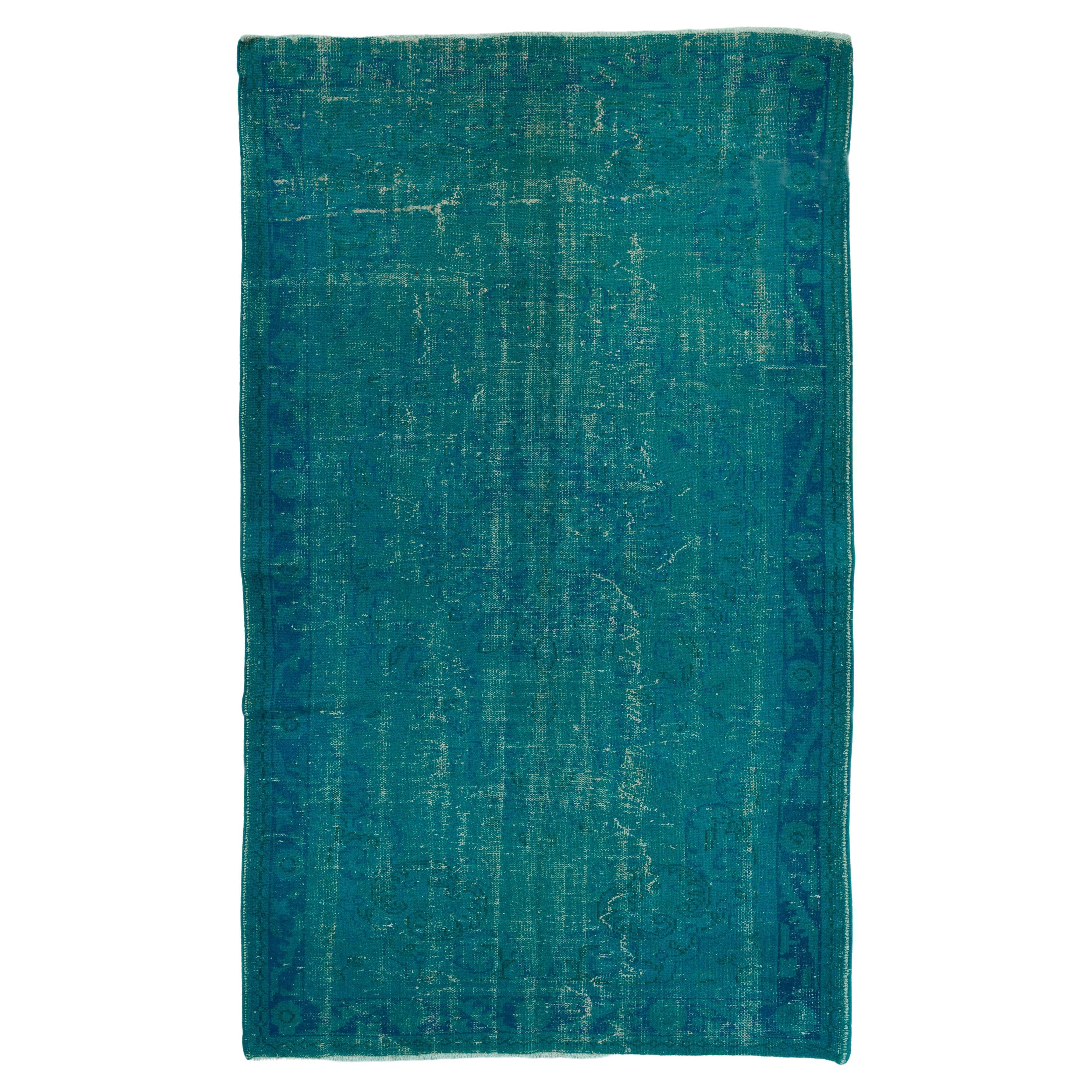 6.2x10.4 Ft Vintage Handmade Turkish Rug Over-dyed in Teal for Modern Interiors