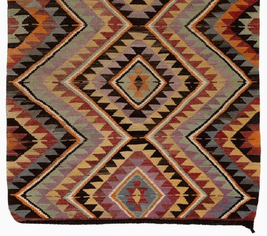 Hand-Woven 6.2x11 Ft Vintage Hand-woven Turkish Wool Kilim Runner. Geometric Design Rug For Sale