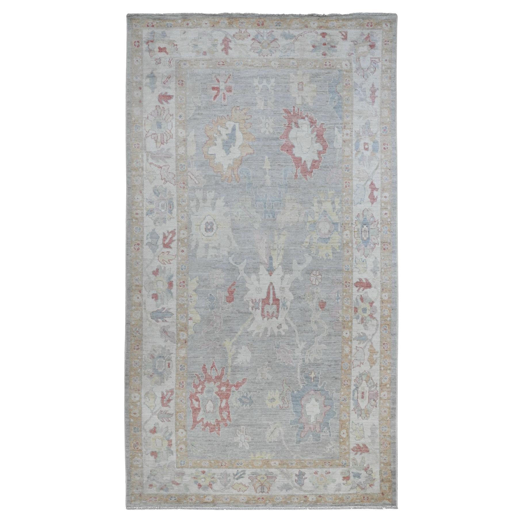 6'2"x11'10" Gray Hand Knotted Afghan Angora Oushak Leaf Design Wool Runner Rug