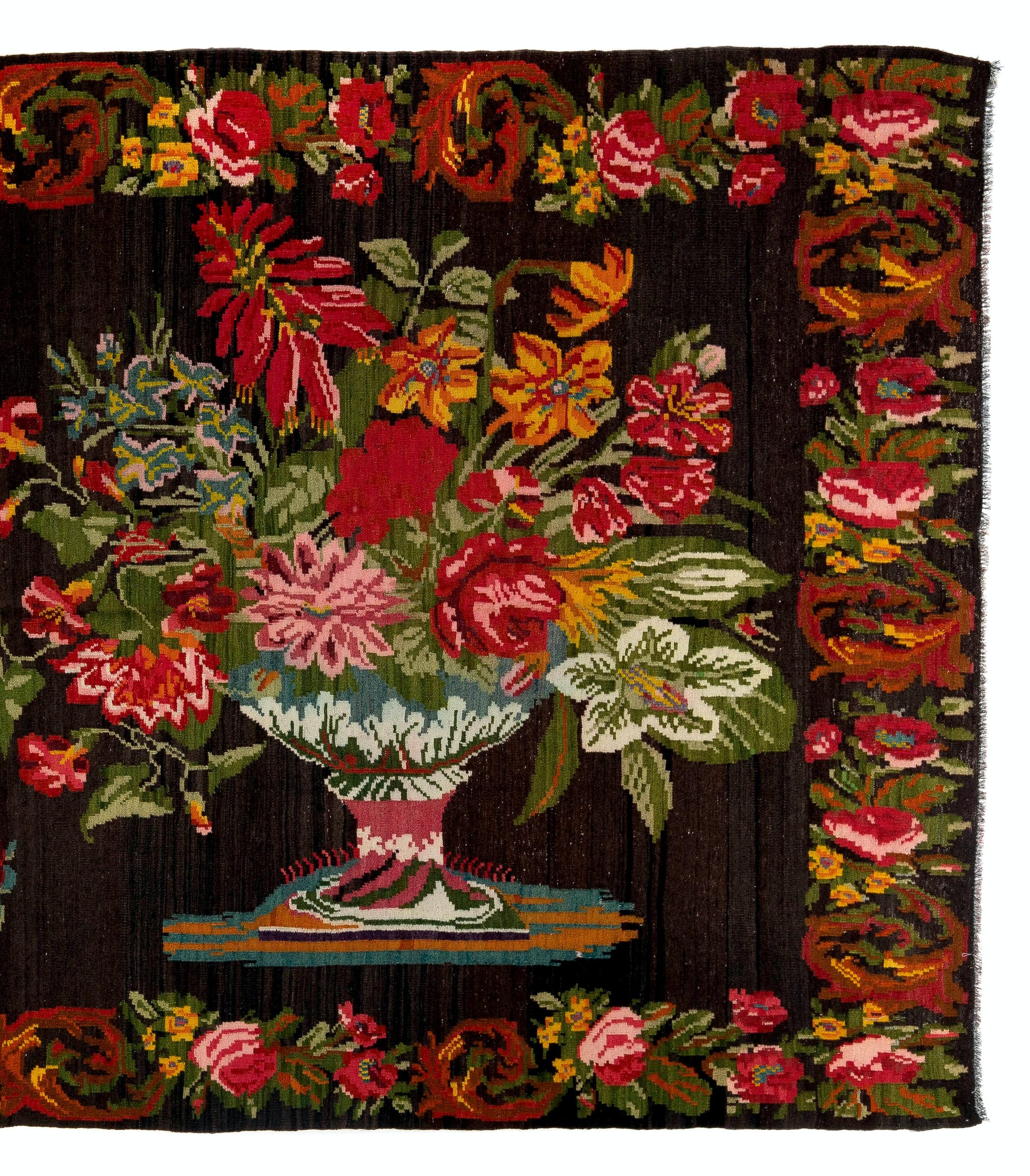Bohemian 6.2x11.2 Ft Handmade Moldovan Kilim. Floral Tapestry. Vintage Bessarabian Rug