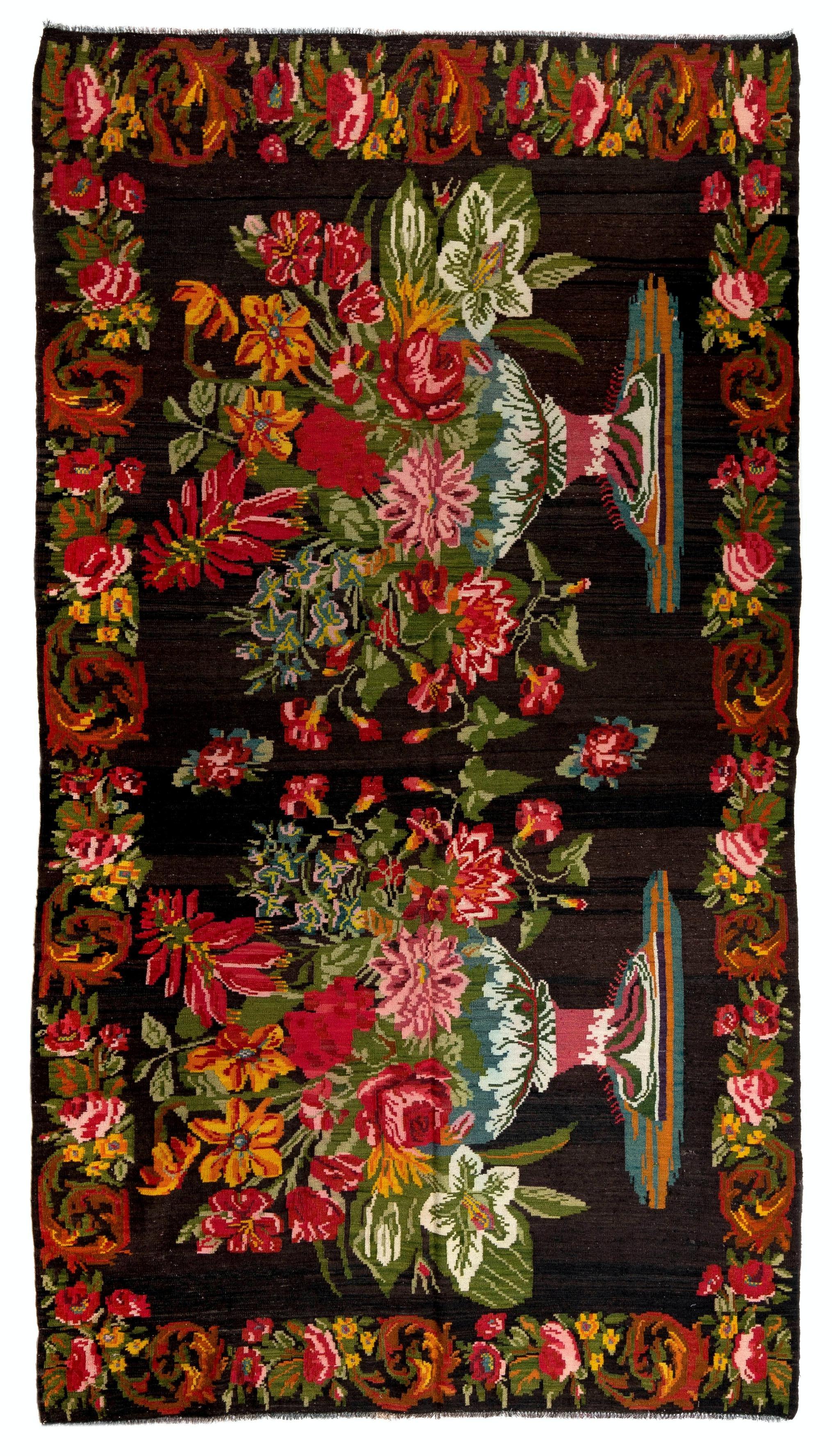 Hand-Woven 6.2x11.2 Ft Handmade Moldovan Kilim. Floral Tapestry. Vintage Bessarabian Rug