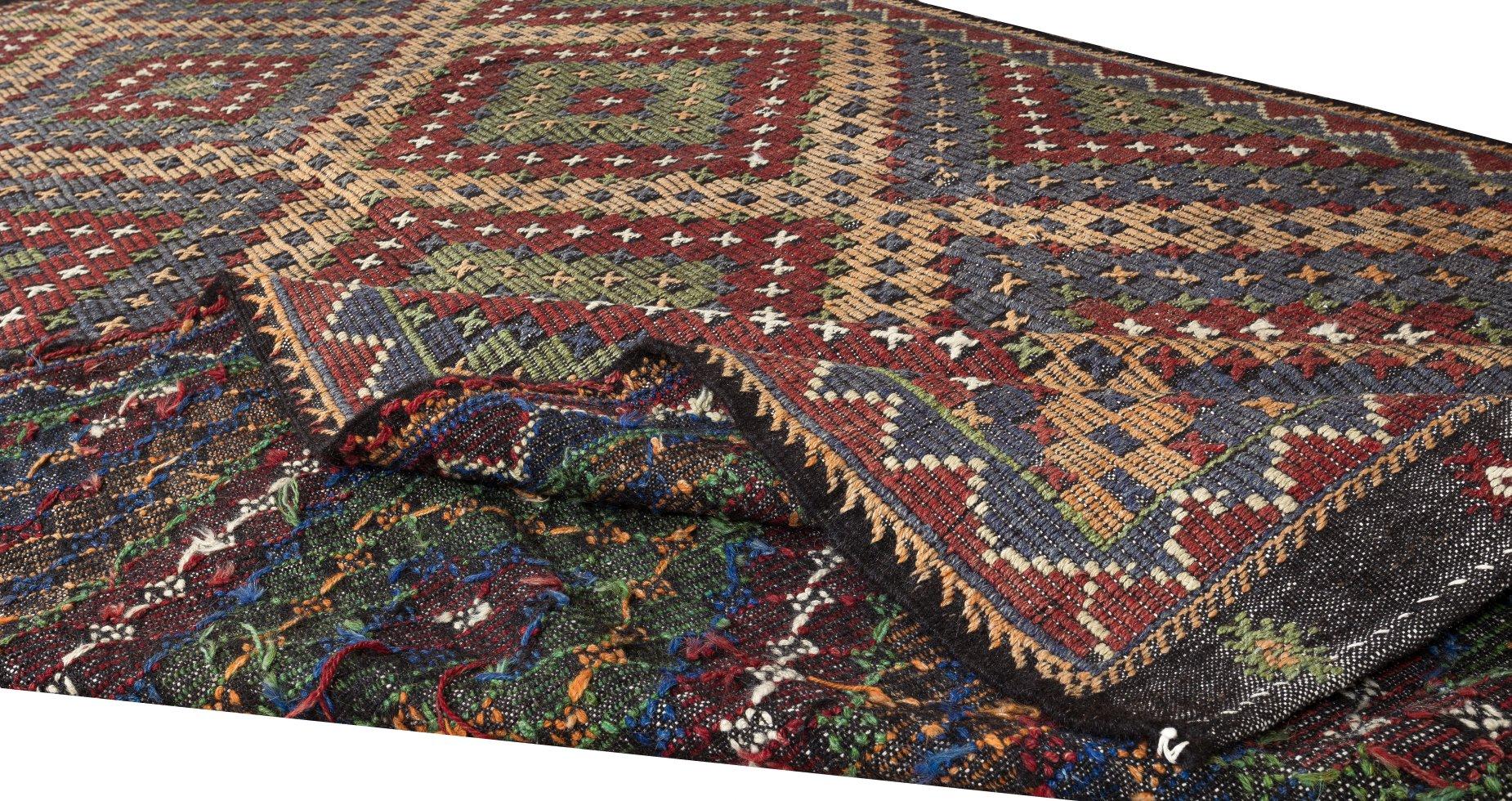 Hand-Woven 6.2x11.5 Ft 1970's Diamond Pattern Turkish Jajim Kilim, Unique Handmade Wool Rug For Sale