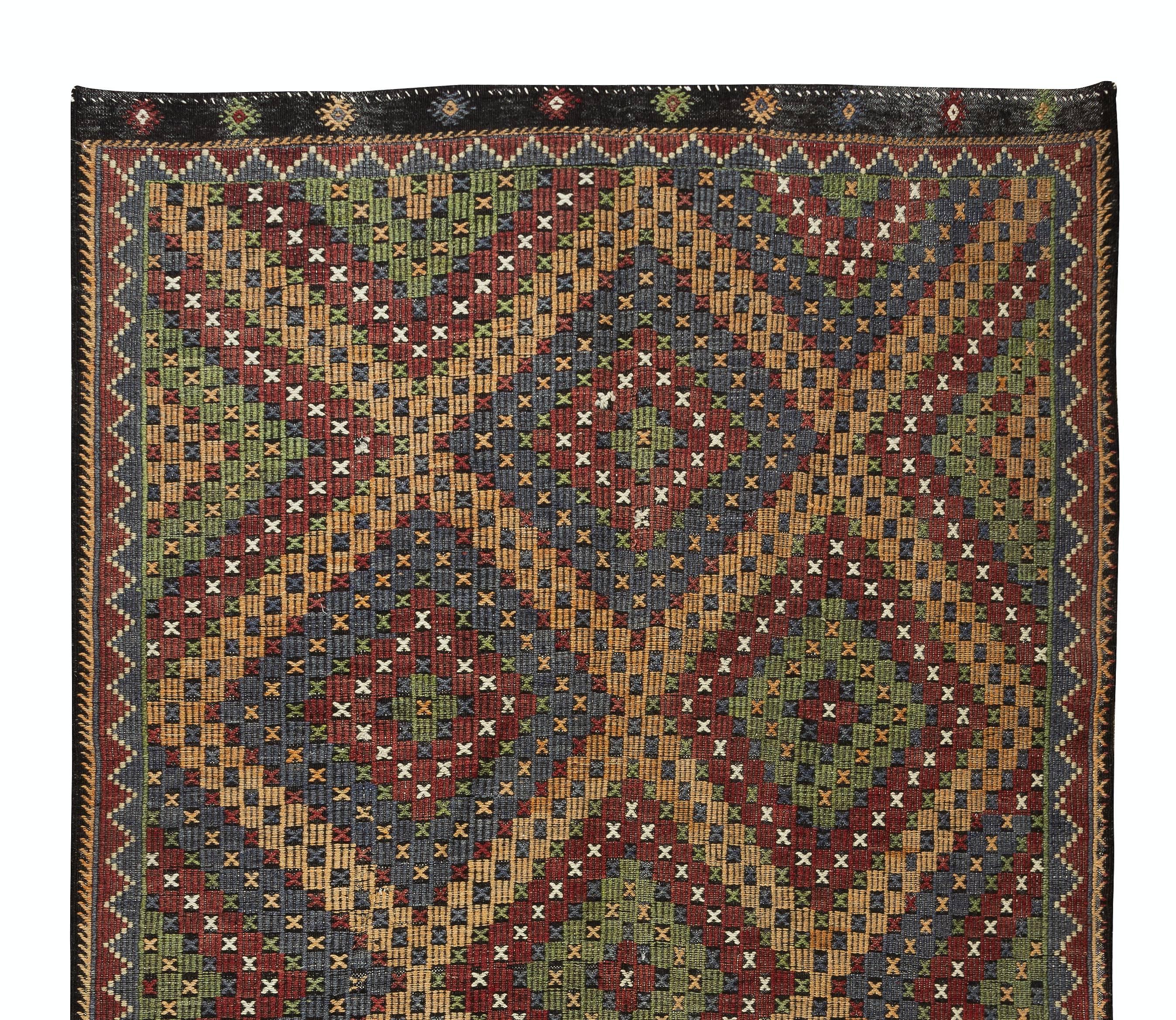 6.2x11.5 Ft 1970's Diamond Pattern Turkish Jajim Kilim, Unique Handmade Wool Rug In Good Condition For Sale In Philadelphia, PA