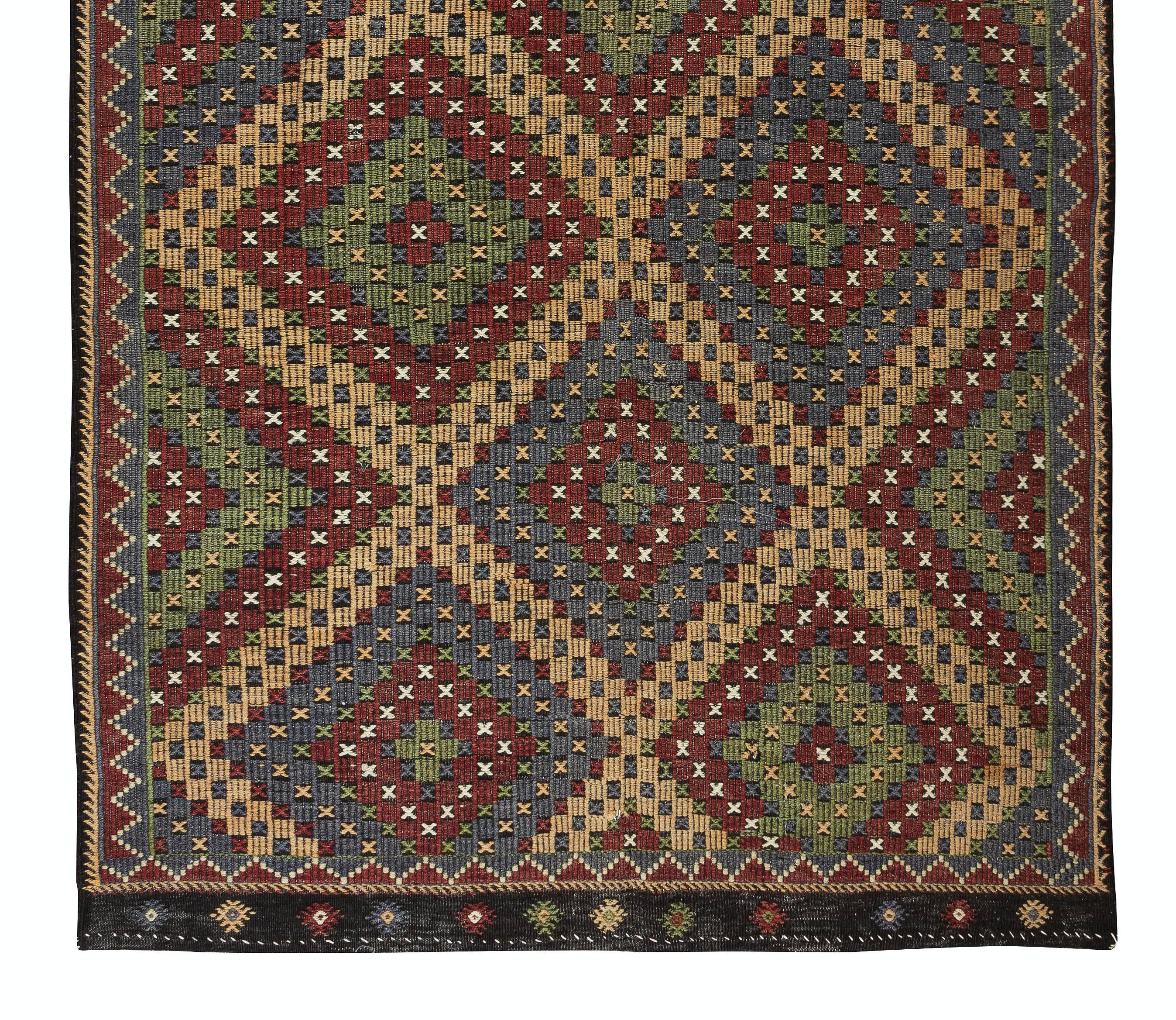 20th Century 6.2x11.5 Ft 1970's Diamond Pattern Turkish Jajim Kilim, Unique Handmade Wool Rug For Sale