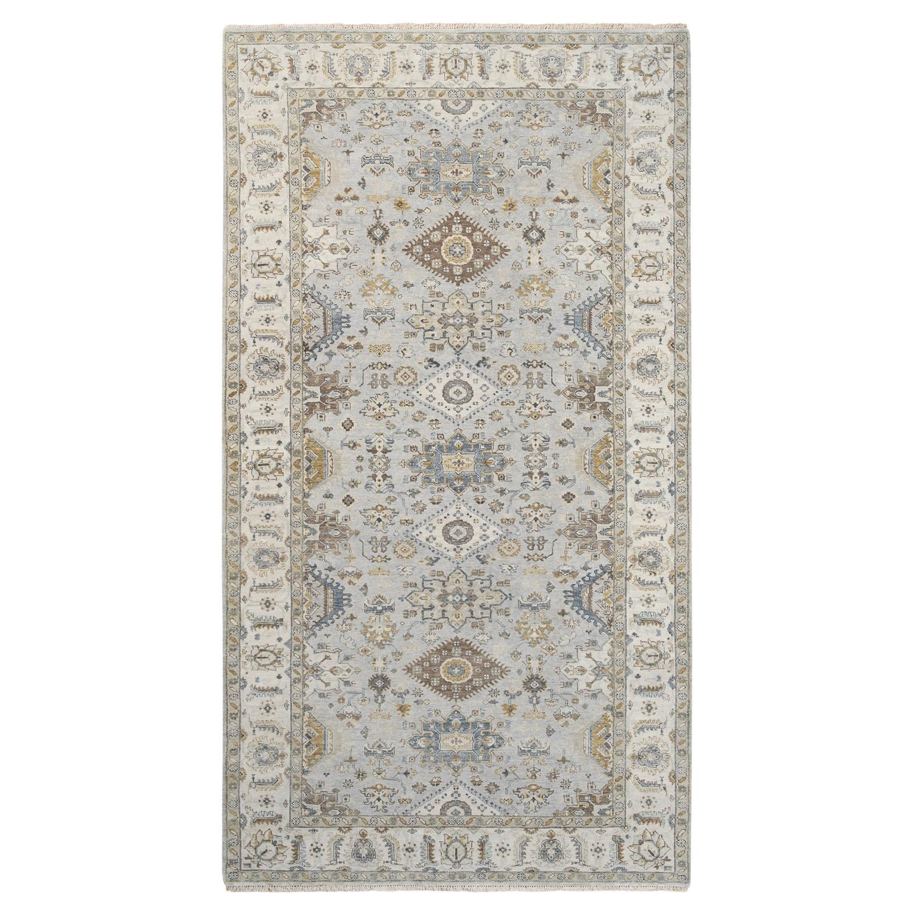 6'2"x11'8" Grauer Karajeh Design Läufer aus reiner Wolle, handgeknüpft, Galeriegröße