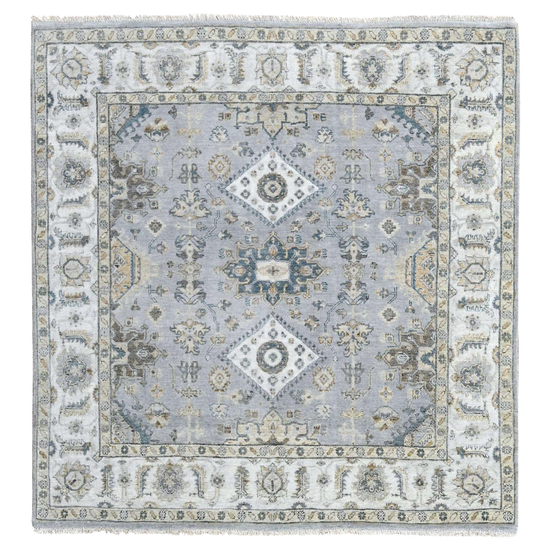 6'2"x6'1" Blau-grauer Karjihooz Geometrischer handgeknüpfter quadratischer Teppich aus Wolle Karjihooz im Angebot