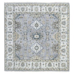 6'2 "x6'1" Blu Grigio Lana Karjihooz Tappeto quadrato geometrico annodato a mano