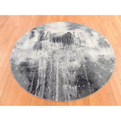 6'2"x6'2" Black with Ivory Abstract Design Hand Knotted Wool and Silk Round Rug