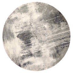 6'2"x6'2" Black with Ivory Abstract Design Hand Knotted Wool and Silk Round Rug