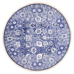 6'2" x 6'2" Blauer Ton-in-Ton-Tabriz-Teppich mit Blattmotiven, handgeknüpft aus Wolle und Seide