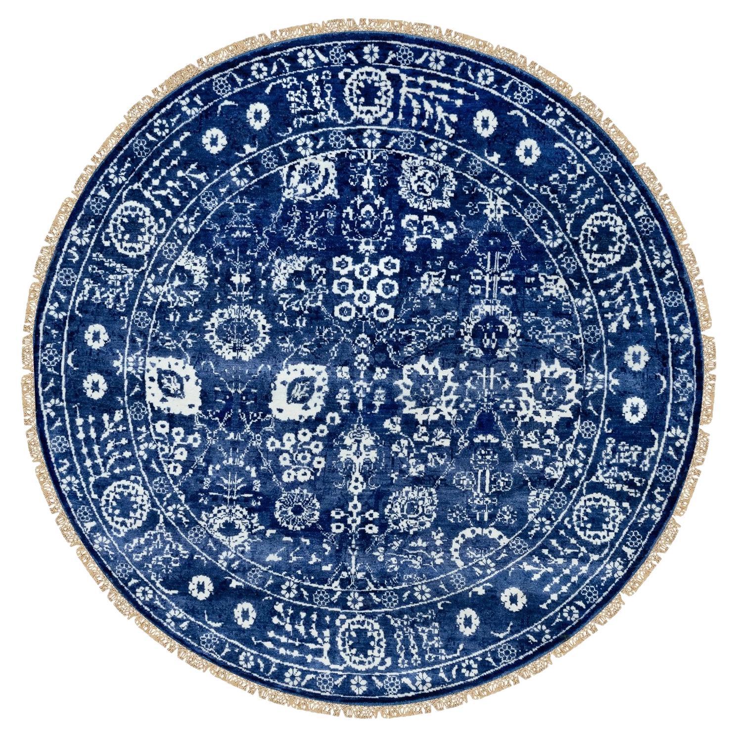 6'2"x6'2" Blue Tone On Tone Tabriz Wool and Silk Round Hand Knotted Oriental Rug For Sale
