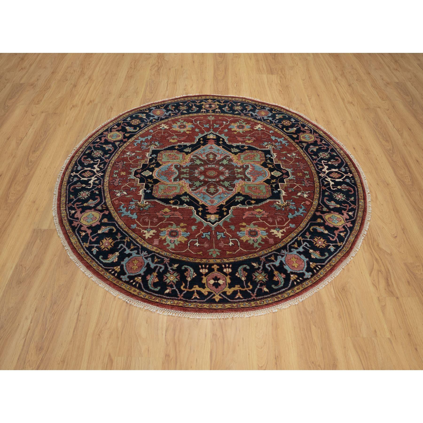 Chili Oil Red, Antiqued Fine Heriz Re-Creation, Denser Weave, Vegetable Dyes, Hand Knotted, Soft Wool, Lush and Plush, Round, Oriental Rug
Primary materials: Wool
Latex: No Pile 
height: 0.25 Inches
Style: Traditional
Primary color: Red
Secondary