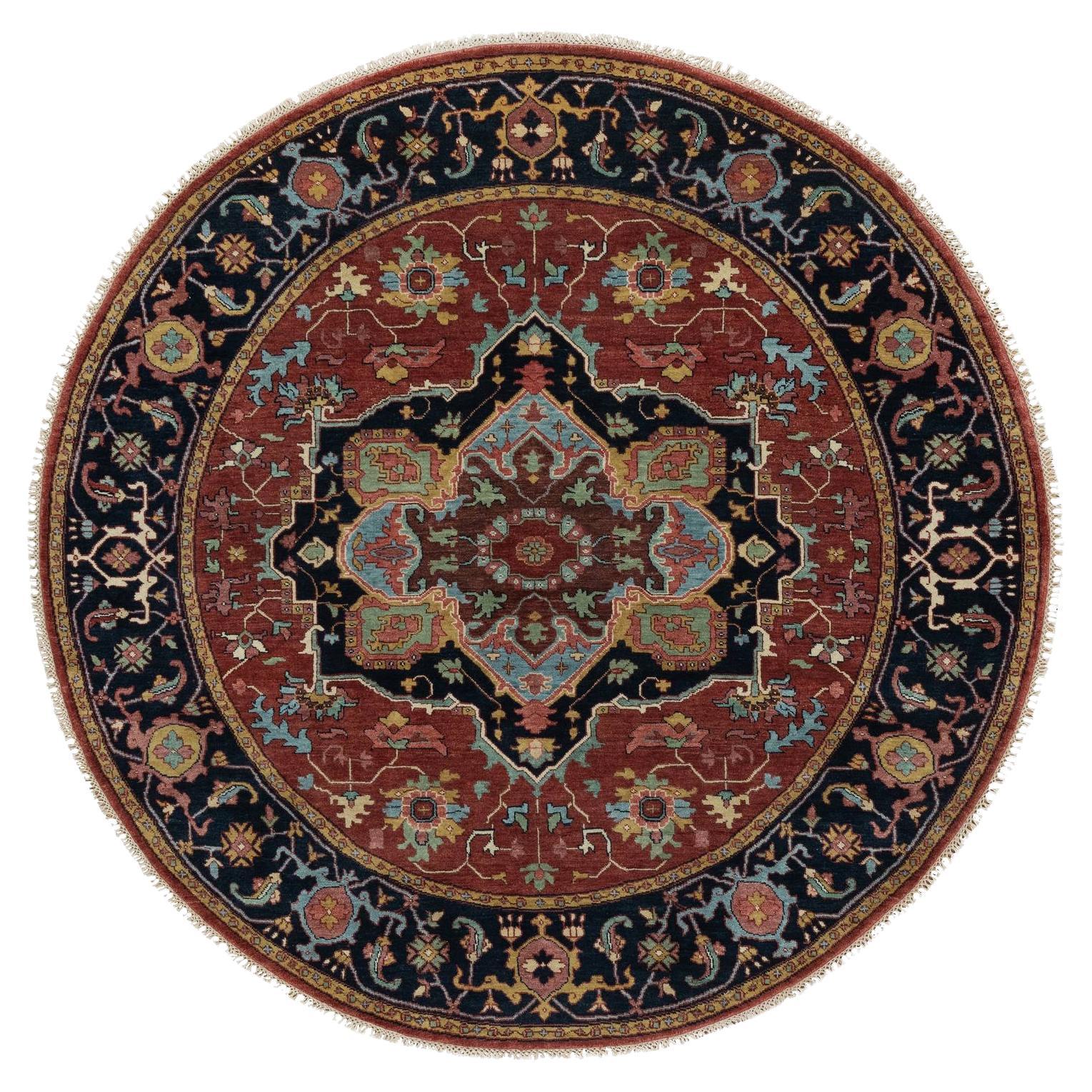 6'2"x6'2" Brick Red Antiqued Fine Heriz Re-Creation Hand Knotted Wool Round Rug For Sale