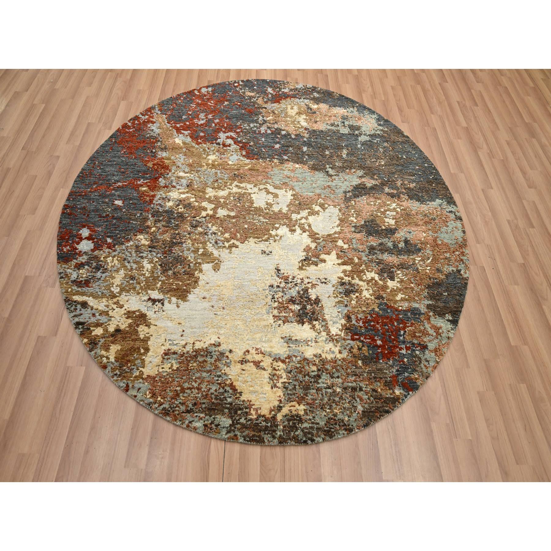 Charcoal Gray with Brown, Persian Knot, Abstract with Galaxy Design, 100% Wool, Hand Knotted, Densely Woven, Round, Oriental Rug
Primary materials: Wool
Latex: No Pile 
height: 0.25 Inches
Style: Contemporary
Primary color: Brown
Secondary colors: