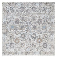 6'2"x6'2" Hand Knotted Ivory Tabriz Vase Silk With Textured Wool Square Rug