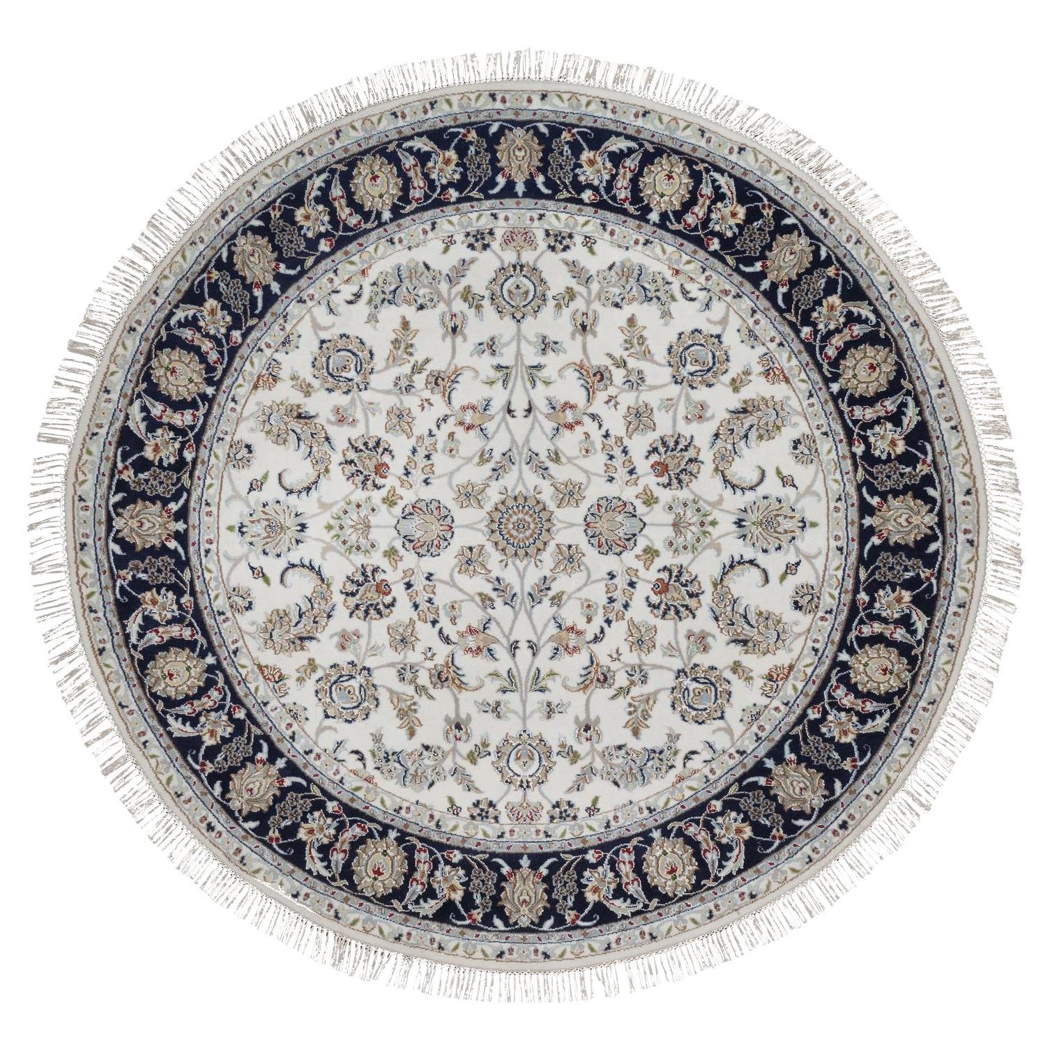 Tappeto rotondo in lana e seta annodato a mano 6'2 "x6'2" Ivory 250 KPSI Nain Flower Design