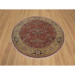 6'2"x6'2" Red Antiqued Heriz Recreation Vines Design Hand Knotted Wool Round Rug