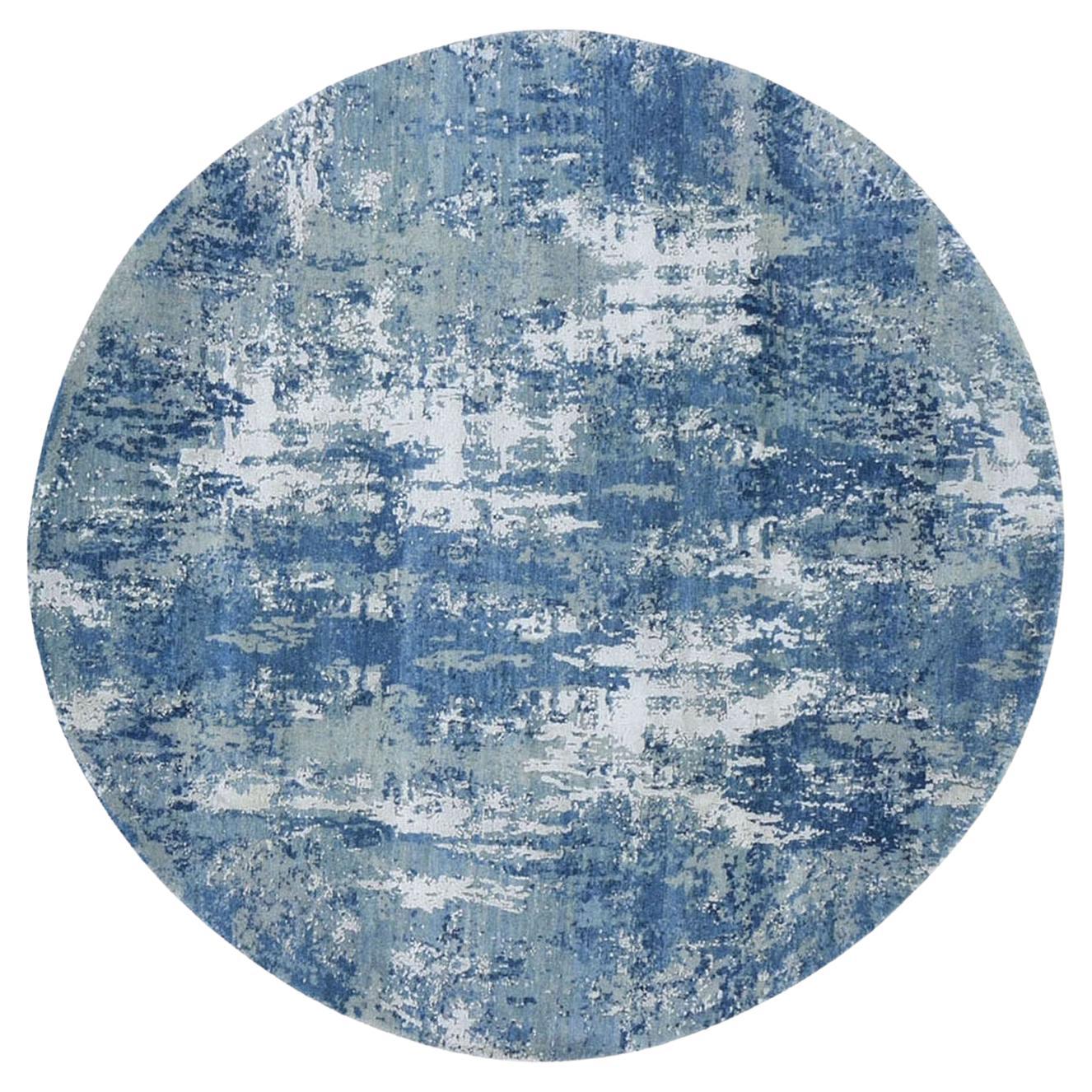 6'2"x6'2" Round Abstract Design Wool & Pure Silk Blue Hand Knotted Oriental Rug