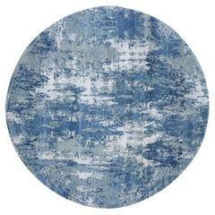 6'2"x6'2" Round Abstract Design Wool & Pure Silk Blue Hand Knotted Oriental Rug