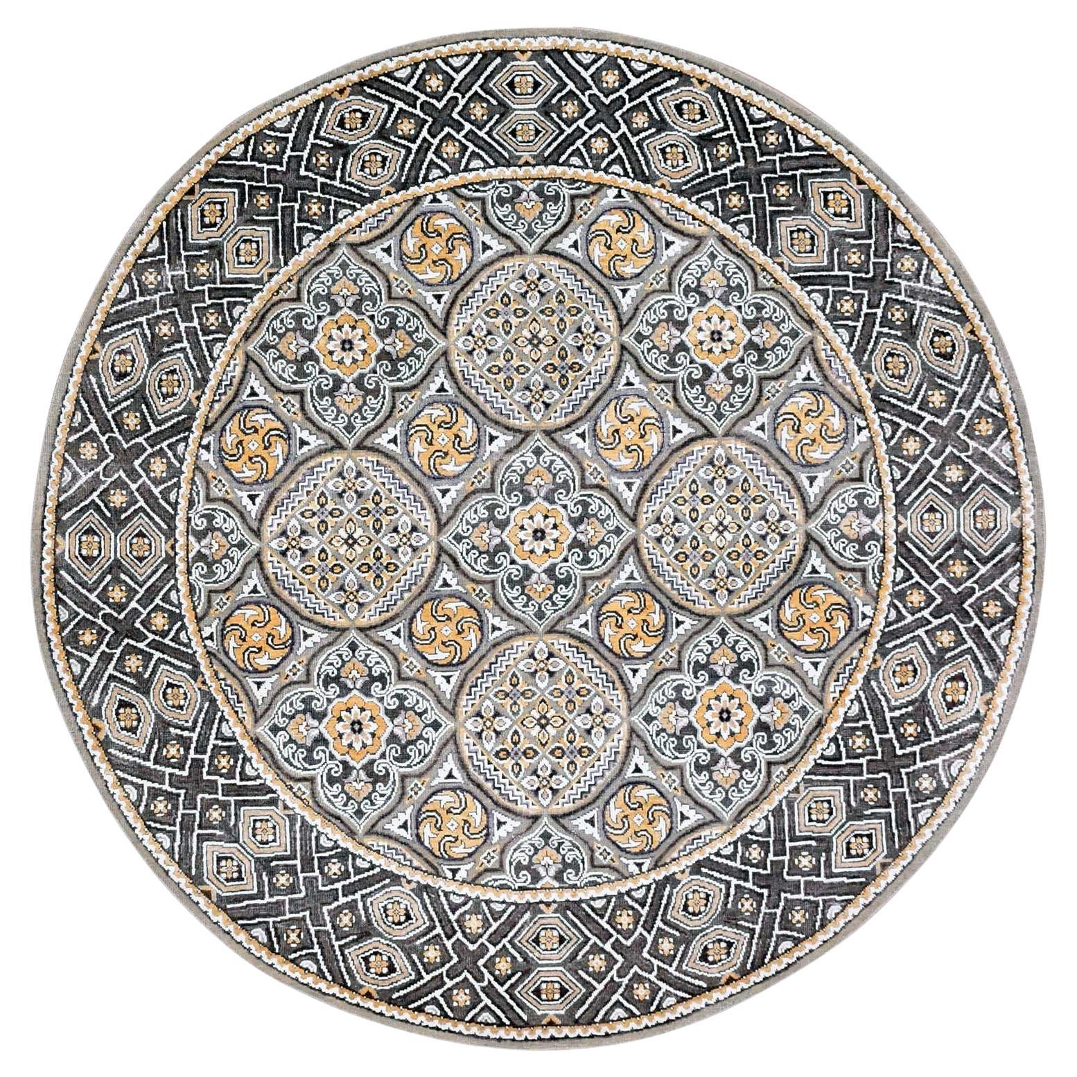 6'2"x6'2" Taupe Wool and Silk Mughal Inspired Medallions Design Hand Knotted Rug