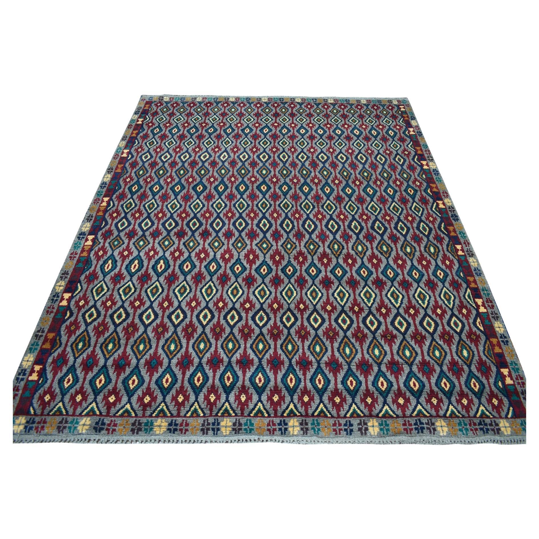 6'2"x7'3" Gray Tribal Design Colorful Afghan Baluch Hand Knotted Pure Wool Rug