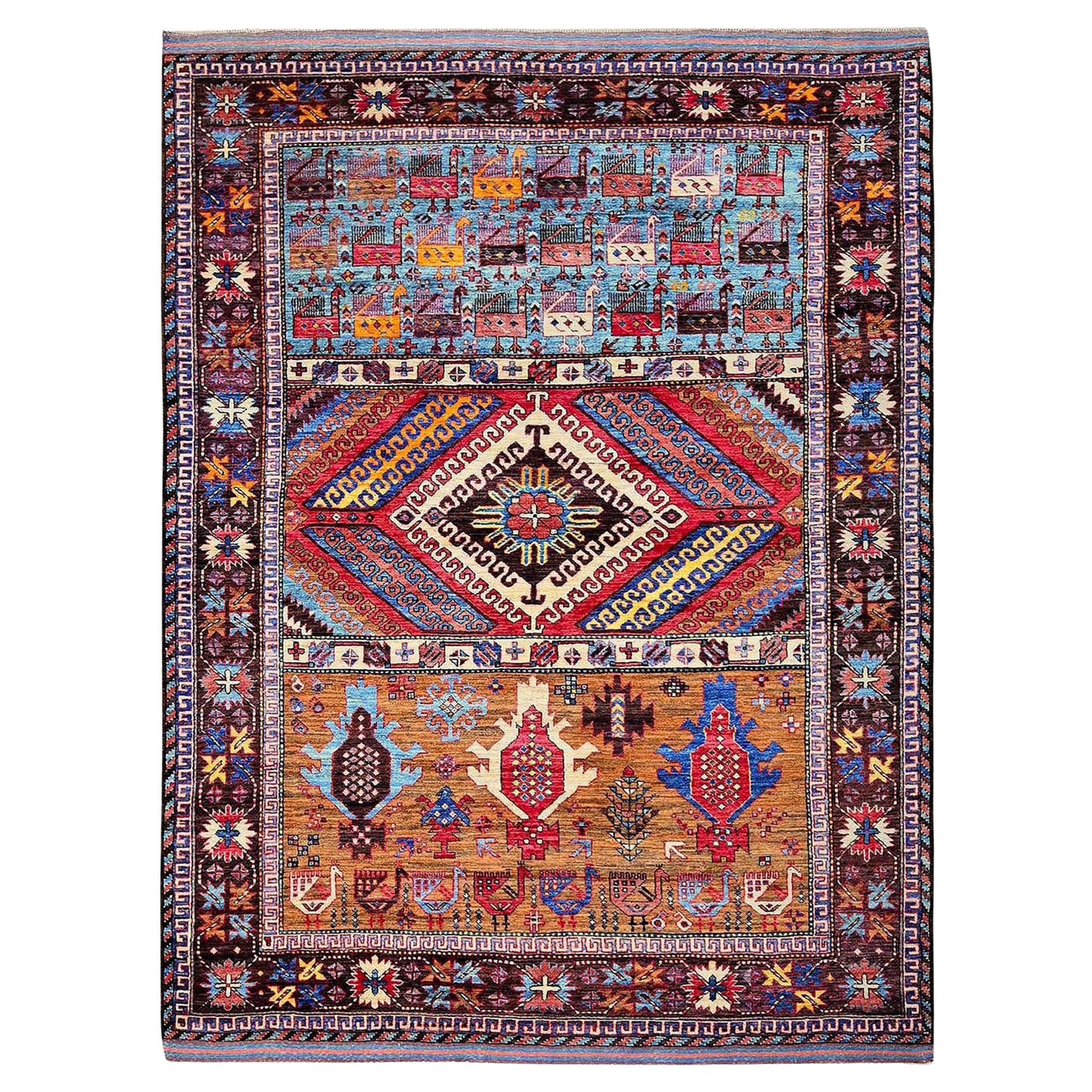 6'2"x7'7" Colorful Afghan Ersari Caucasian Design Revival Hand Knotted Wool Rug