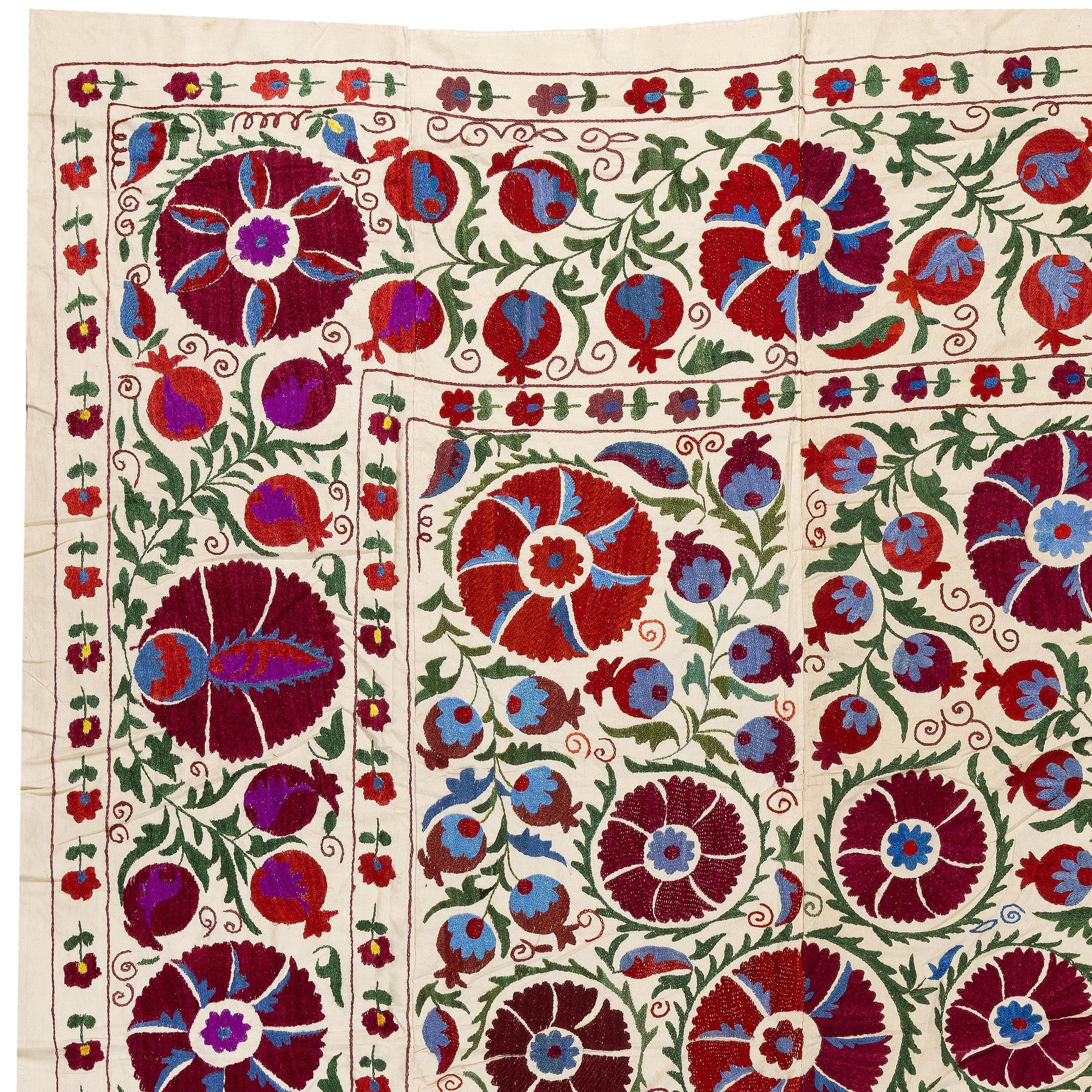 Uzbek 6.2x7.8 Ft Embroidered Bedspread, Suzani Wall Hanging, Needlework Table Cover For Sale